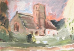 Sunset Behind Quiet Village Churchyard British Modernist Oil Painting