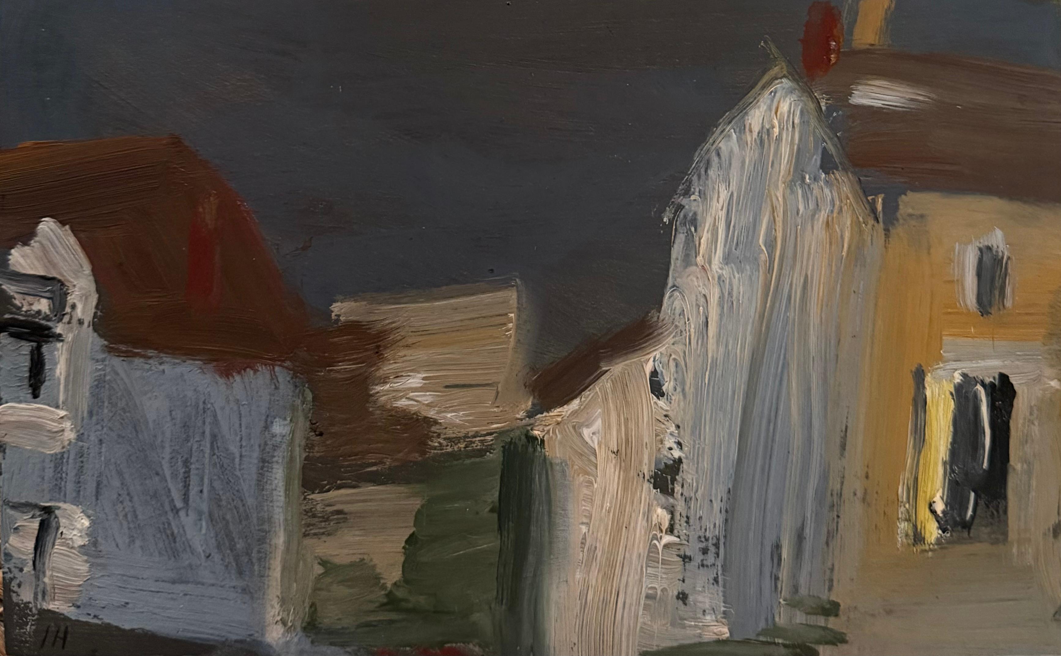 Irina Hale Landscape Painting - Tall Buildings In Grey Sky Landscape British Modernist Oil Painting