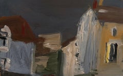 Tall Buildings In Grey Sky Landscape British Modernist Oil Painting