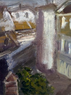 Tall Pillar Building in Small a Town Street British Modernist Oil Painting