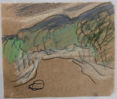 Arbre boisé dans un pré circulaire Esquisse au pastel et au crayon d'un moderniste britannique