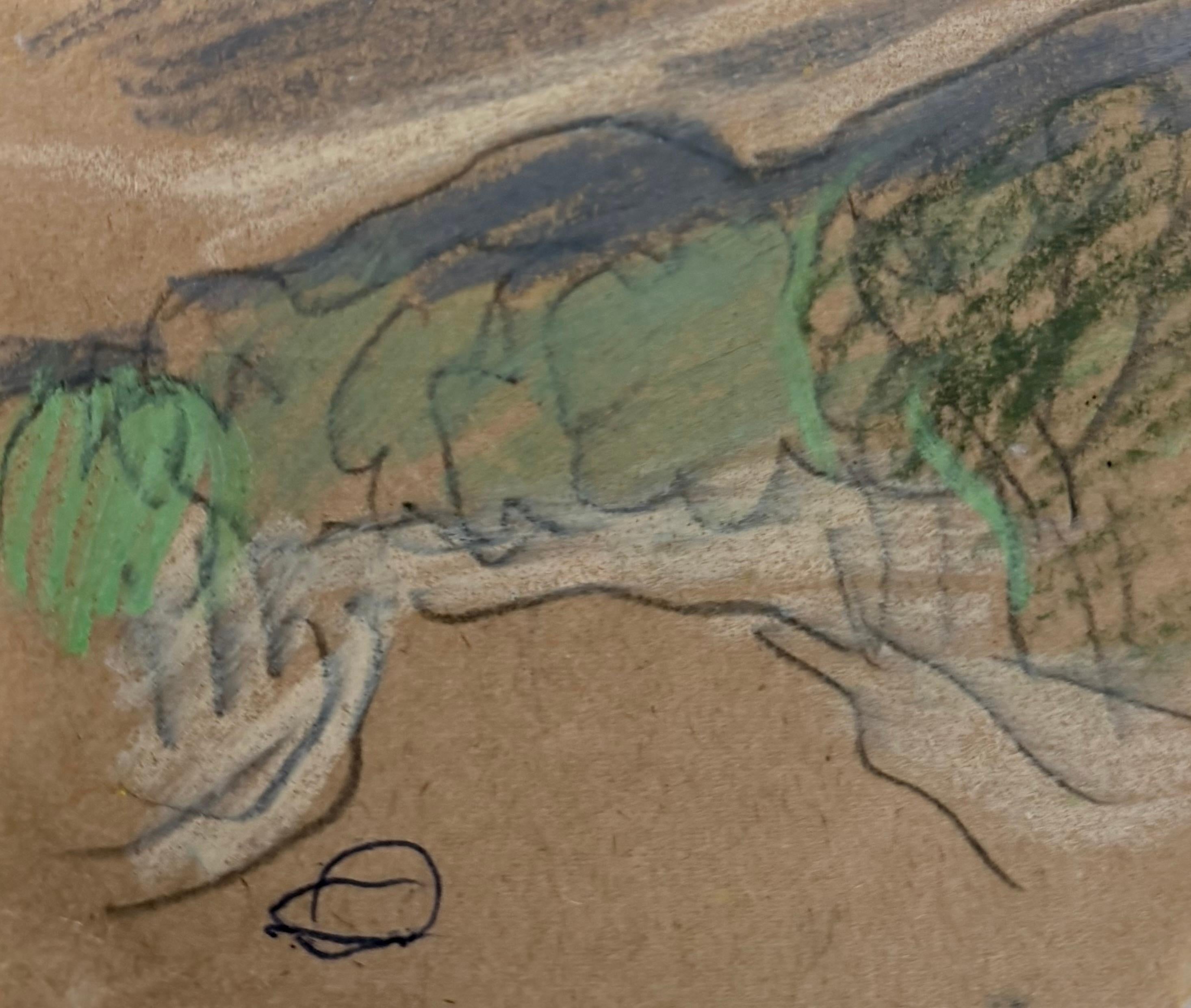 Tree Woodland In Circular Meadow British Modernist Pastel and Pencil Sketch