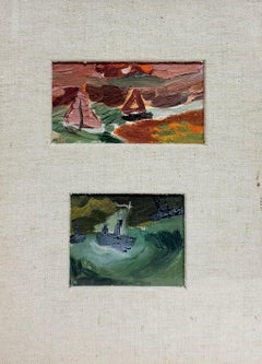 Two Colourful Boats At Sea Mounted In Frame Modernist British Oil Painting