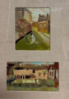 Two Oil Paintings of A Figure In Greenery and A Country House Mounted In Frame