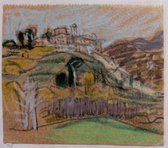 Village On Colourful Cliffside British Modernist Pastel Sketch