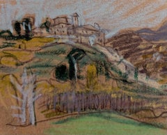 Villaggio su una scogliera colorata Schizzo modernista britannico a pastello