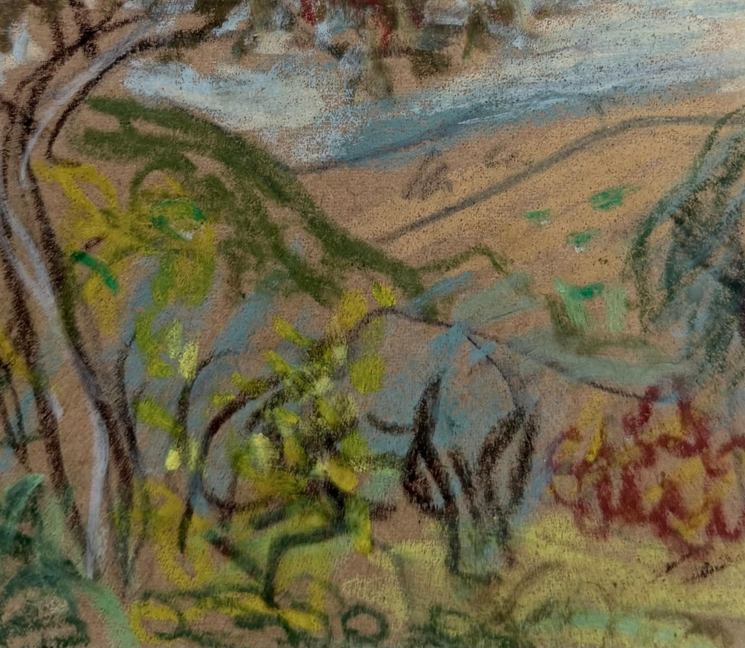 Landscape Painting di Irina Hale - Paesaggio della valle stravagante Schizzo a pastello modernista britannico