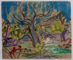 Wacky Wild Tree In Blue Quirky Landscape British Modernist Pastel Sketch