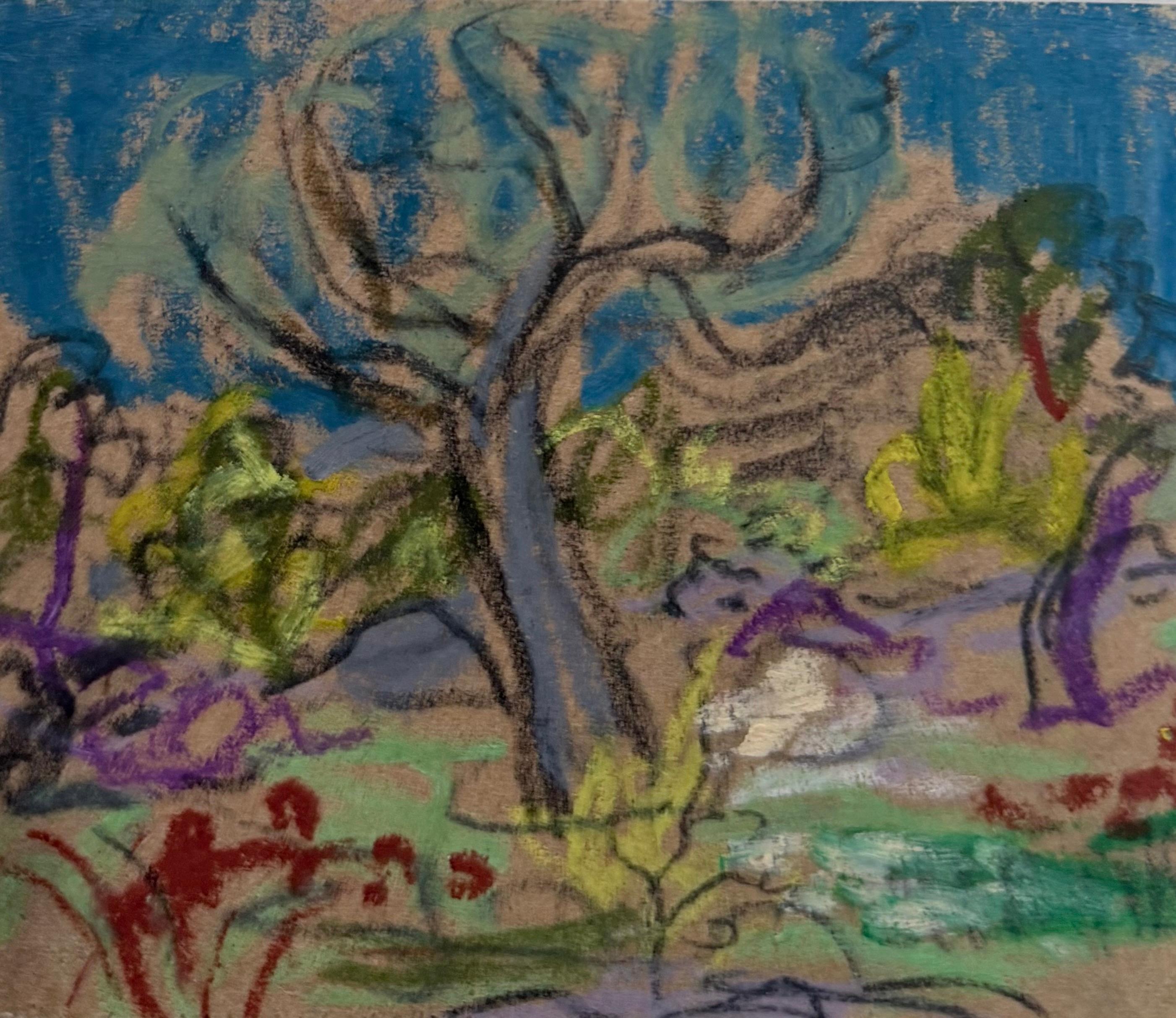 Landscape Painting di Irina Hale - Stravagante albero selvatico in blu Paesaggio eccentrico Modernista Britannico Schizzo a pastello