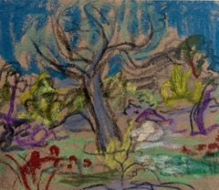 Irina Hale - Wacky Wild Tree In Blue Quirky Landscape British Modernist Pastel Sketch Wacky Wild Tree In Blue Quirky Landscape British Modernist Pastel Sketch