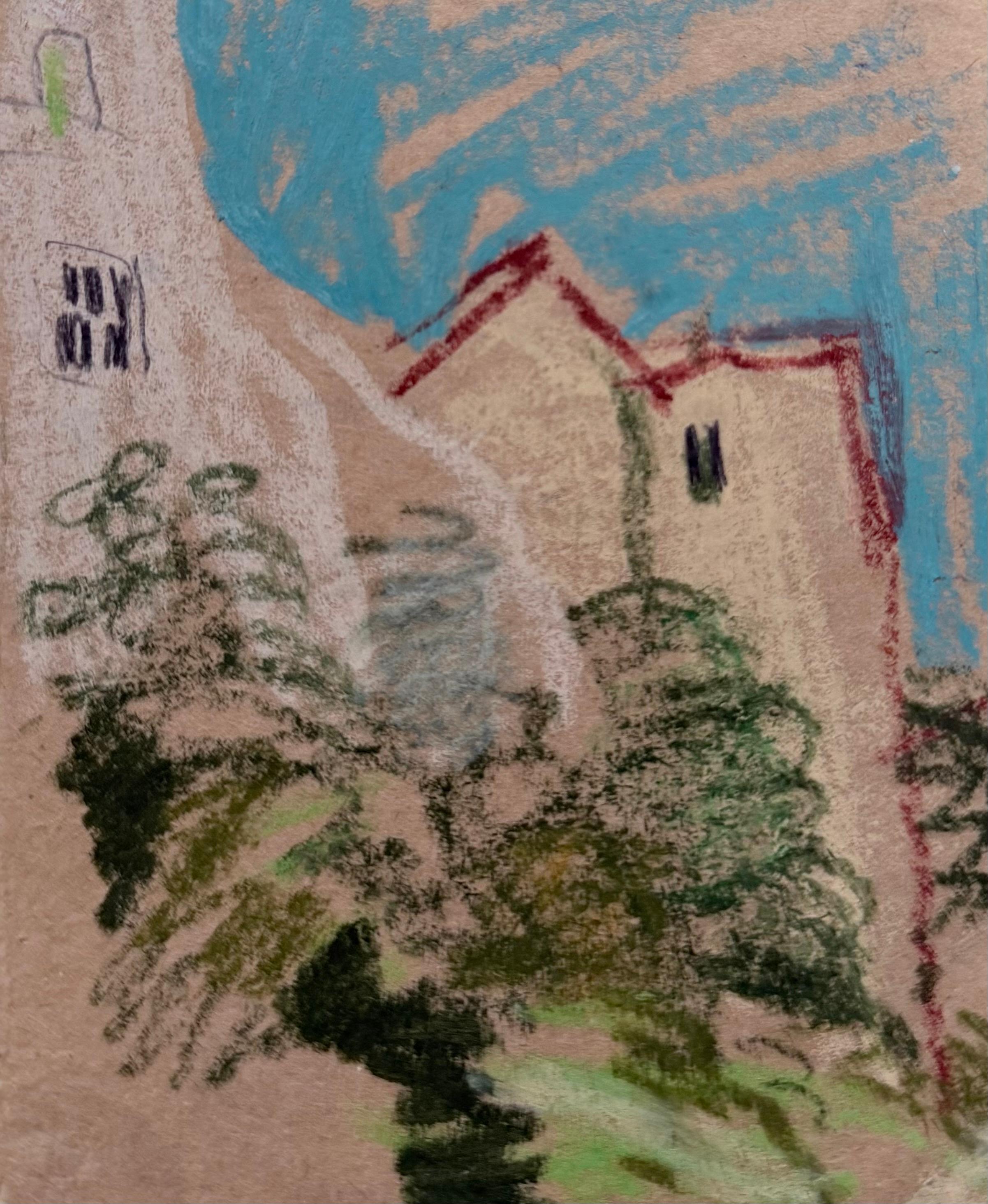 Case bianche in un cielo blu brillante Paesaggio britannico modernista schizzo a pastello