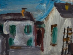 White Stone Cottages In Blue Sky Village British Modernist Oil Painting