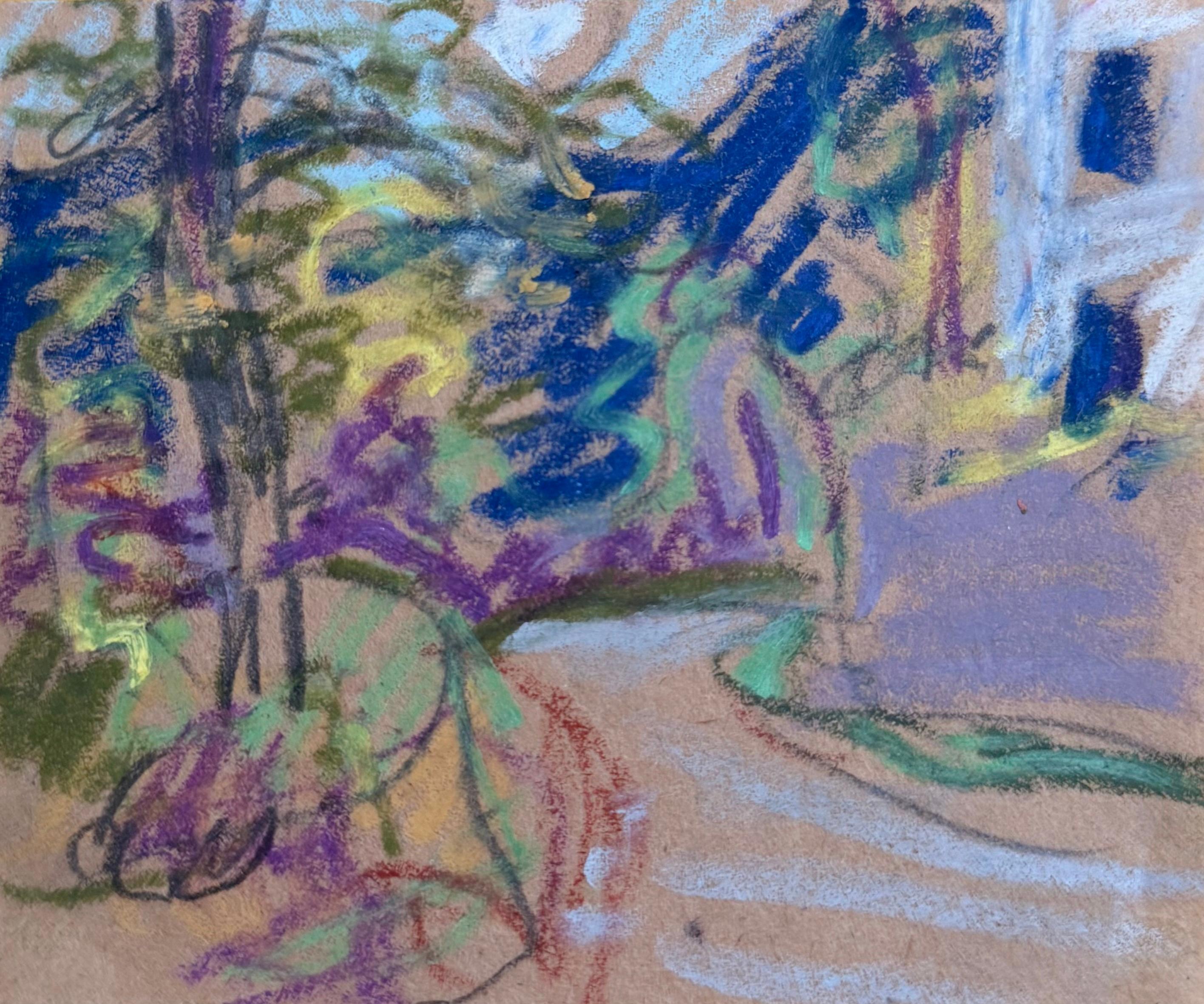 Windy Village Path in Quirky Landscape British Modernist Pastel Sketch