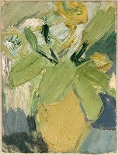 Gelbe Blumen in Gelb in einem Terrakotta-Topf Britisches modernistisches Ölgemälde