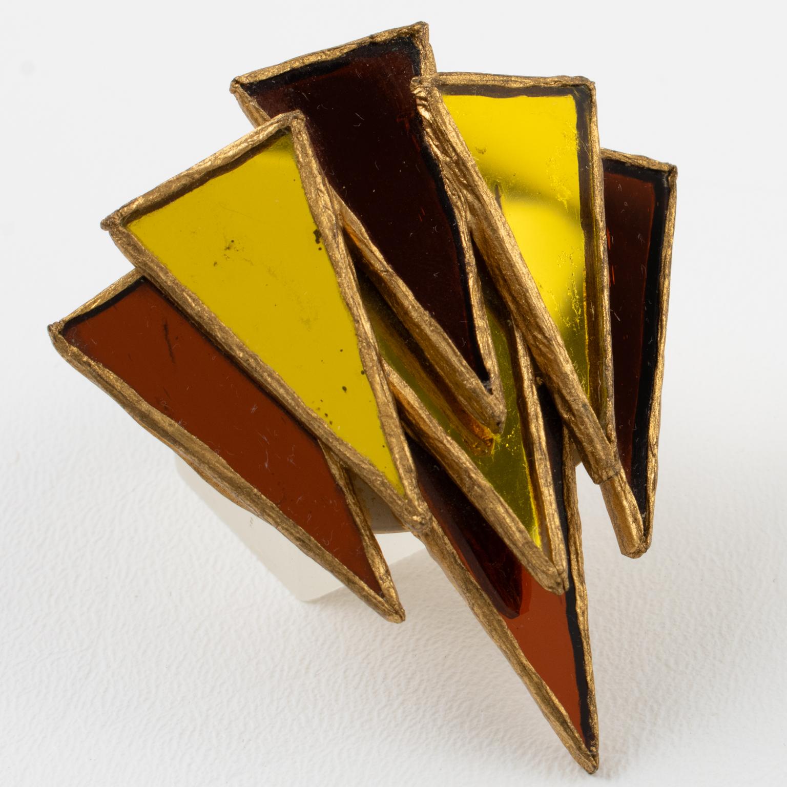 Irena Jaworska, Line Vautrin School Gold Resin and Mirror Pin Brooch In Good Condition For Sale In Atlanta, GA