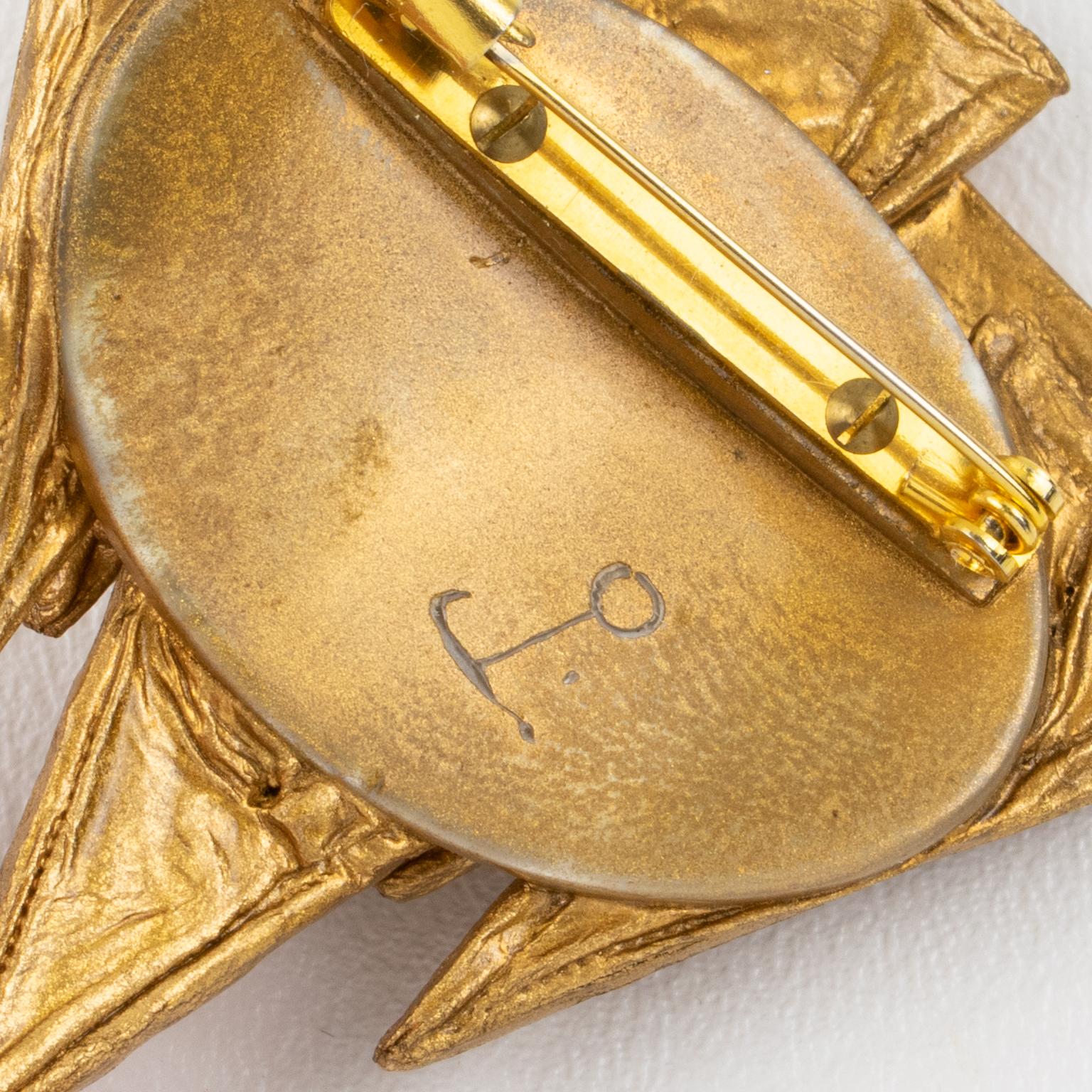 Irena Jaworska, Line Vautrin School Gold Resin and Mirror Pin Brooch For Sale 1