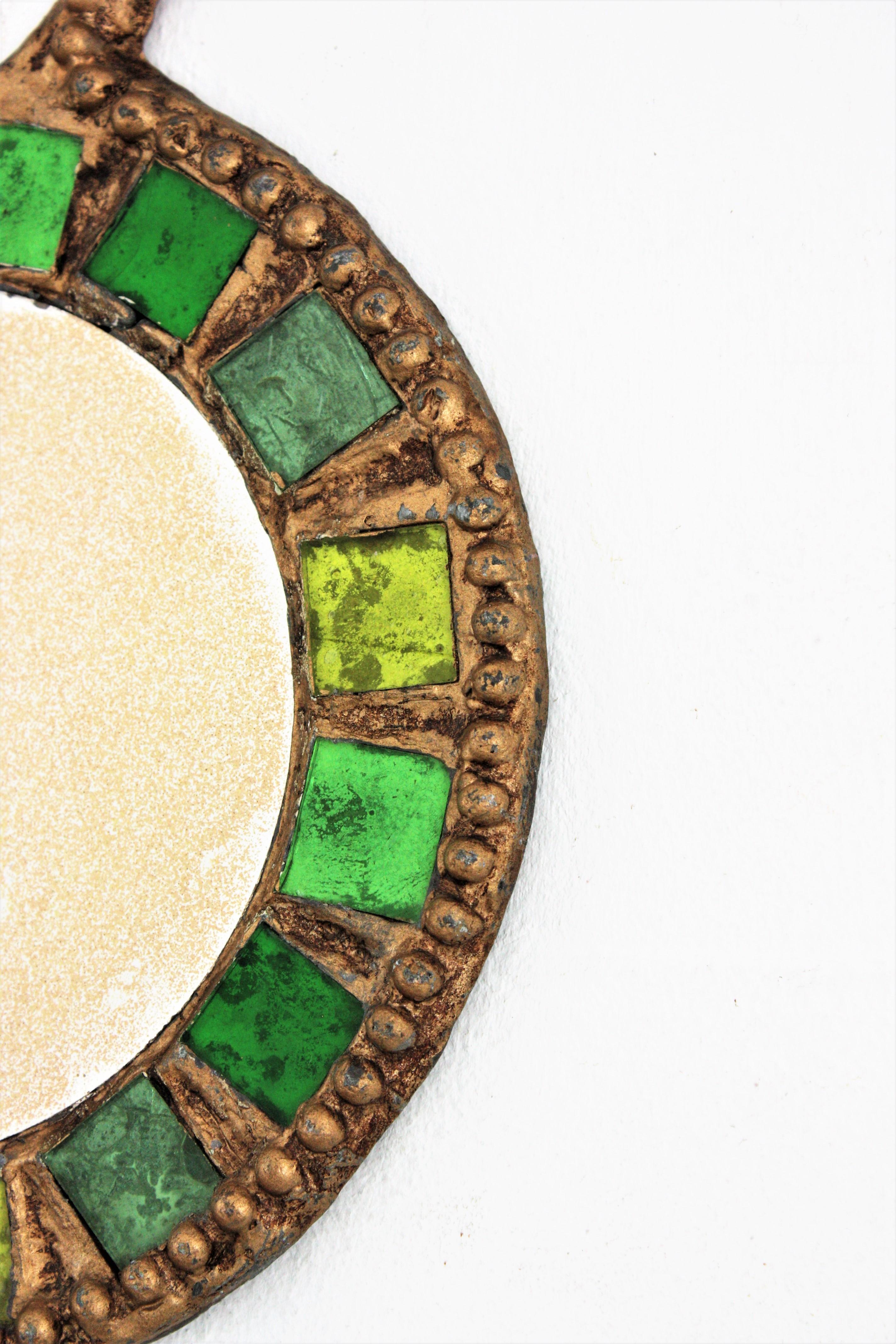 Hand-Crafted Irina Jaworska, Line Vautrin School Green Glass Metal Talosel Wall Mirror For Sale
