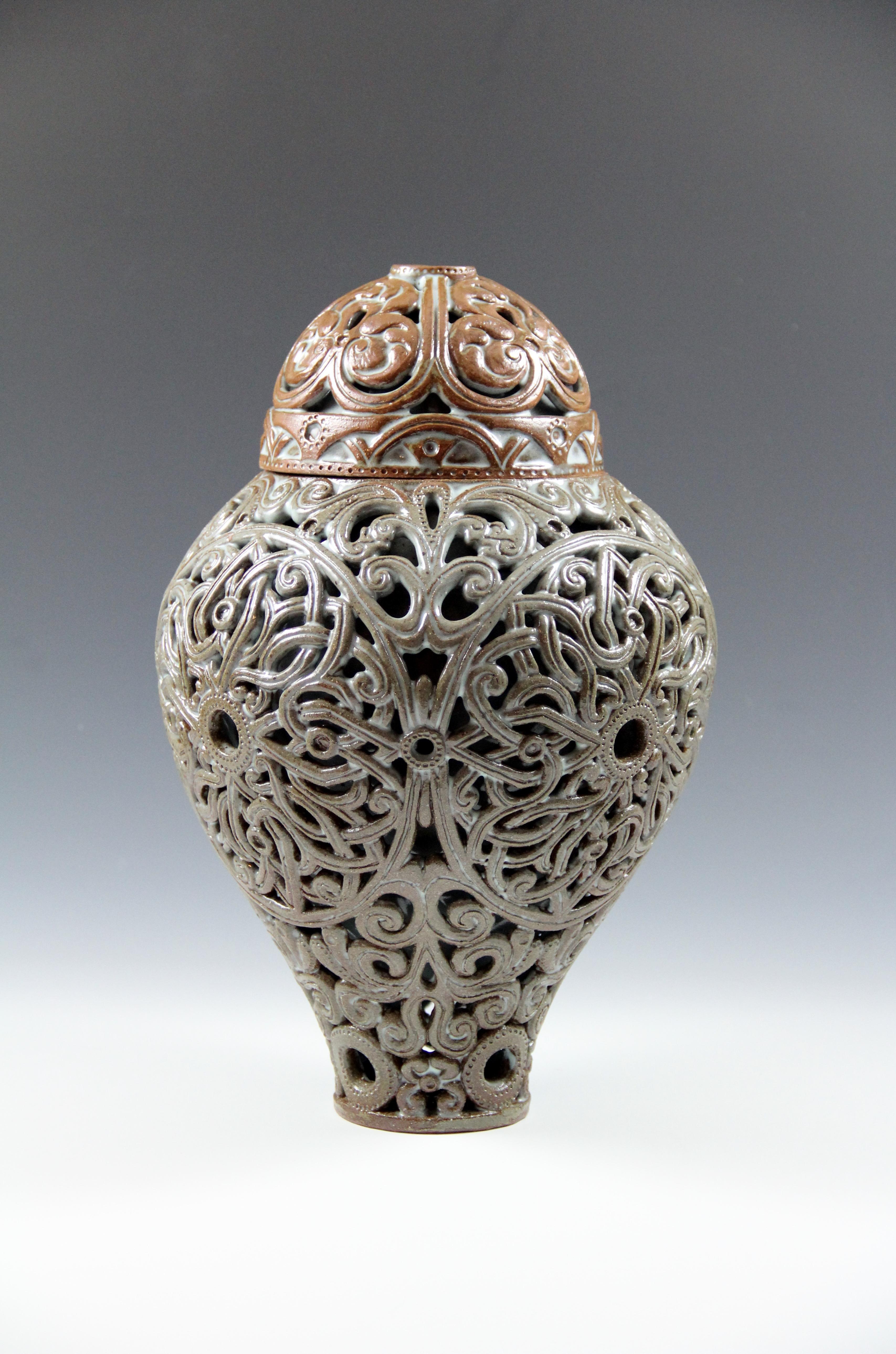 Ceramic urn - carved double wall vessel, green-olive and brown colors - Sculpture by Irina Lakshin