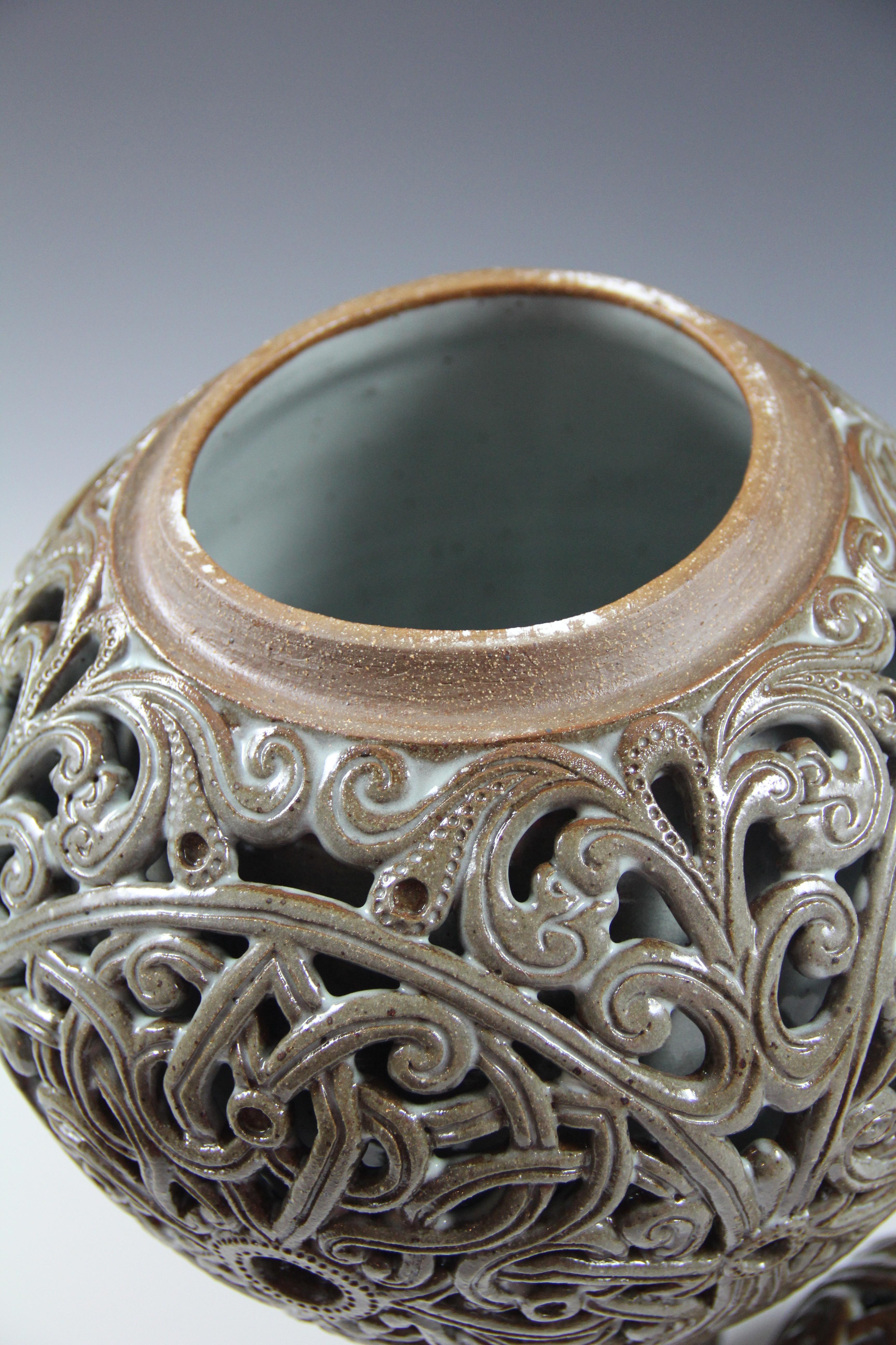Ceramic urn - carved double wall vessel, green-olive and brown colors - Gray Abstract Sculpture by Irina Lakshin