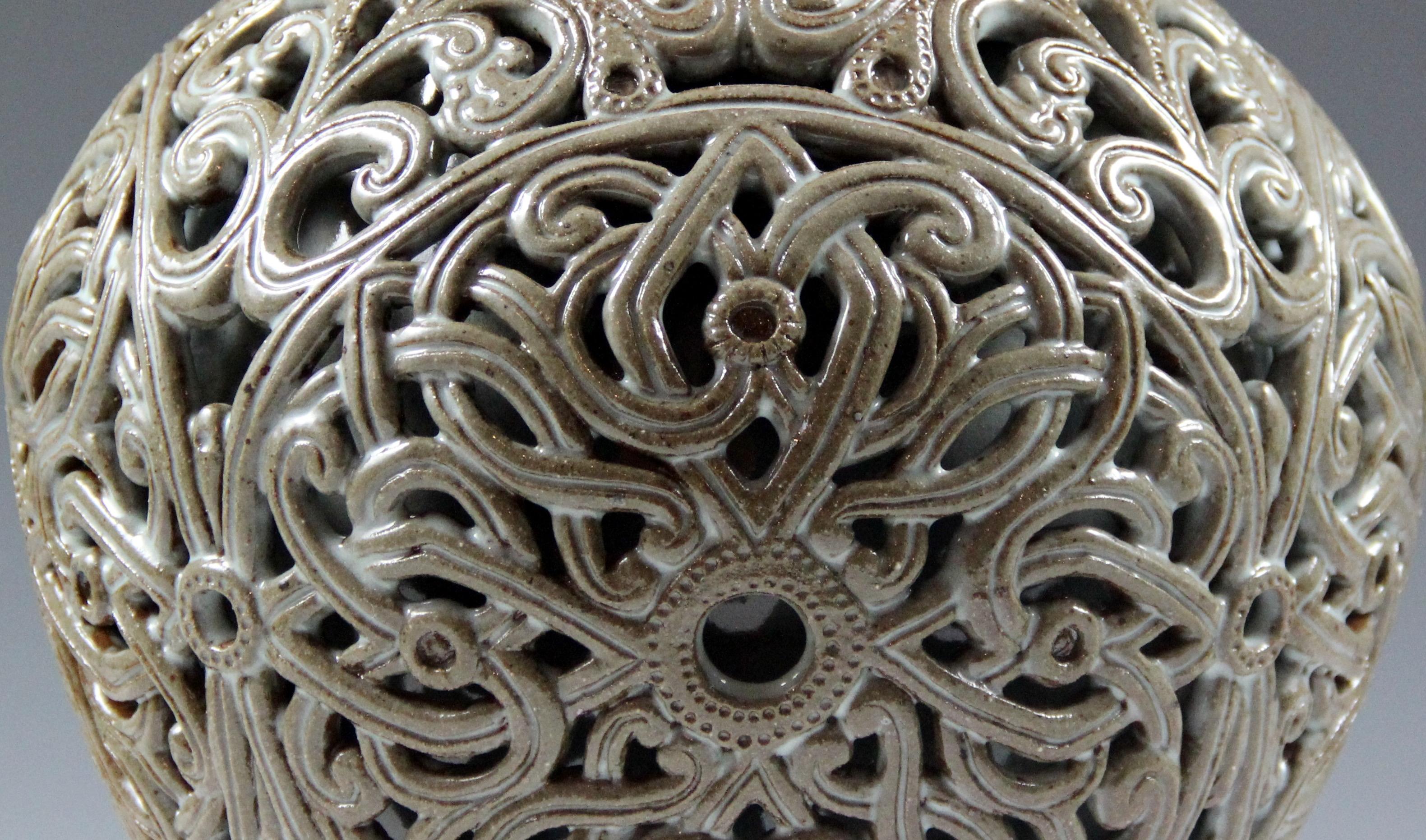 Ceramic urn - carved double wall vessel, green-olive and brown colors For Sale 1