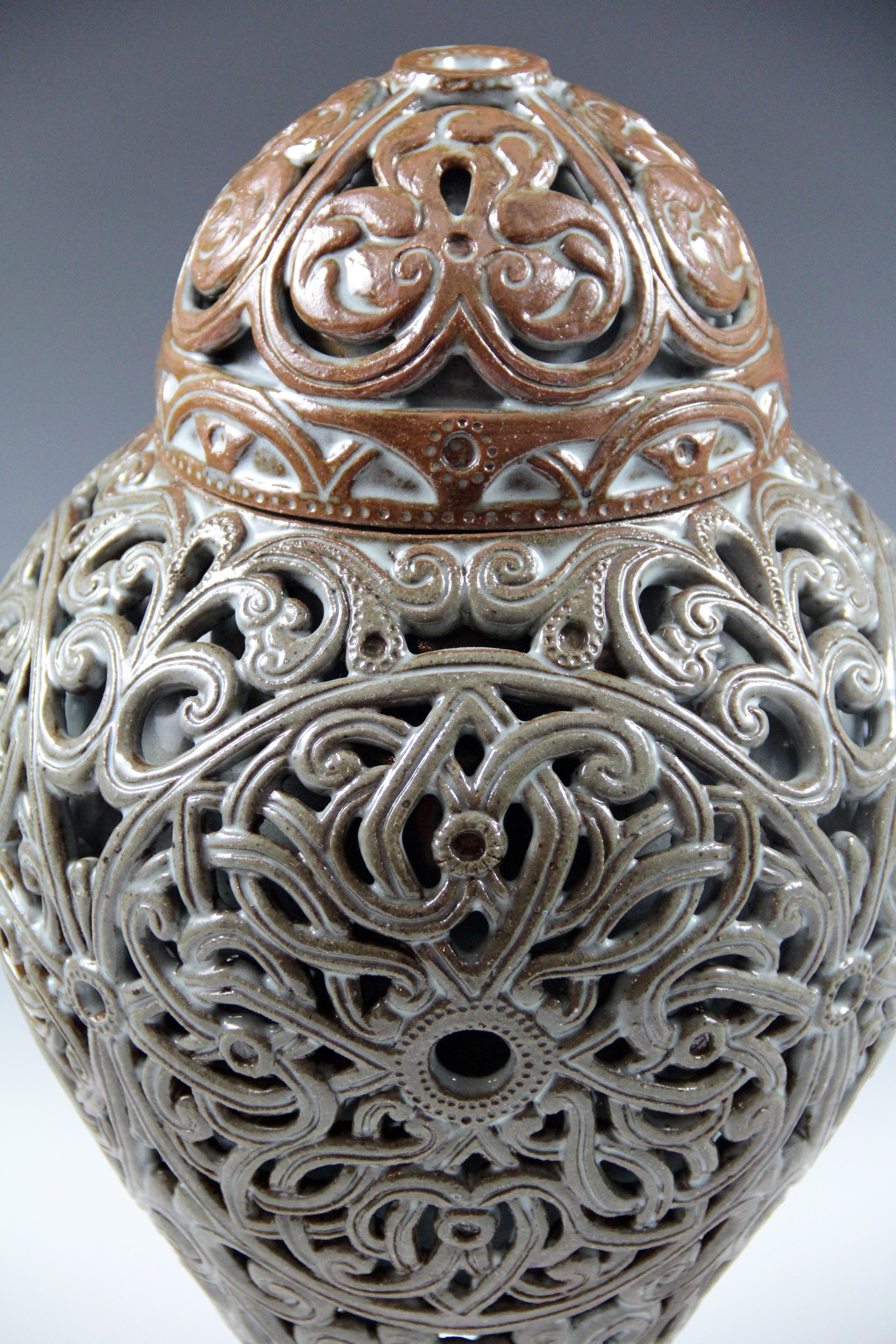 Ceramic urn - carved double wall vessel, green-olive and brown colors For Sale 2