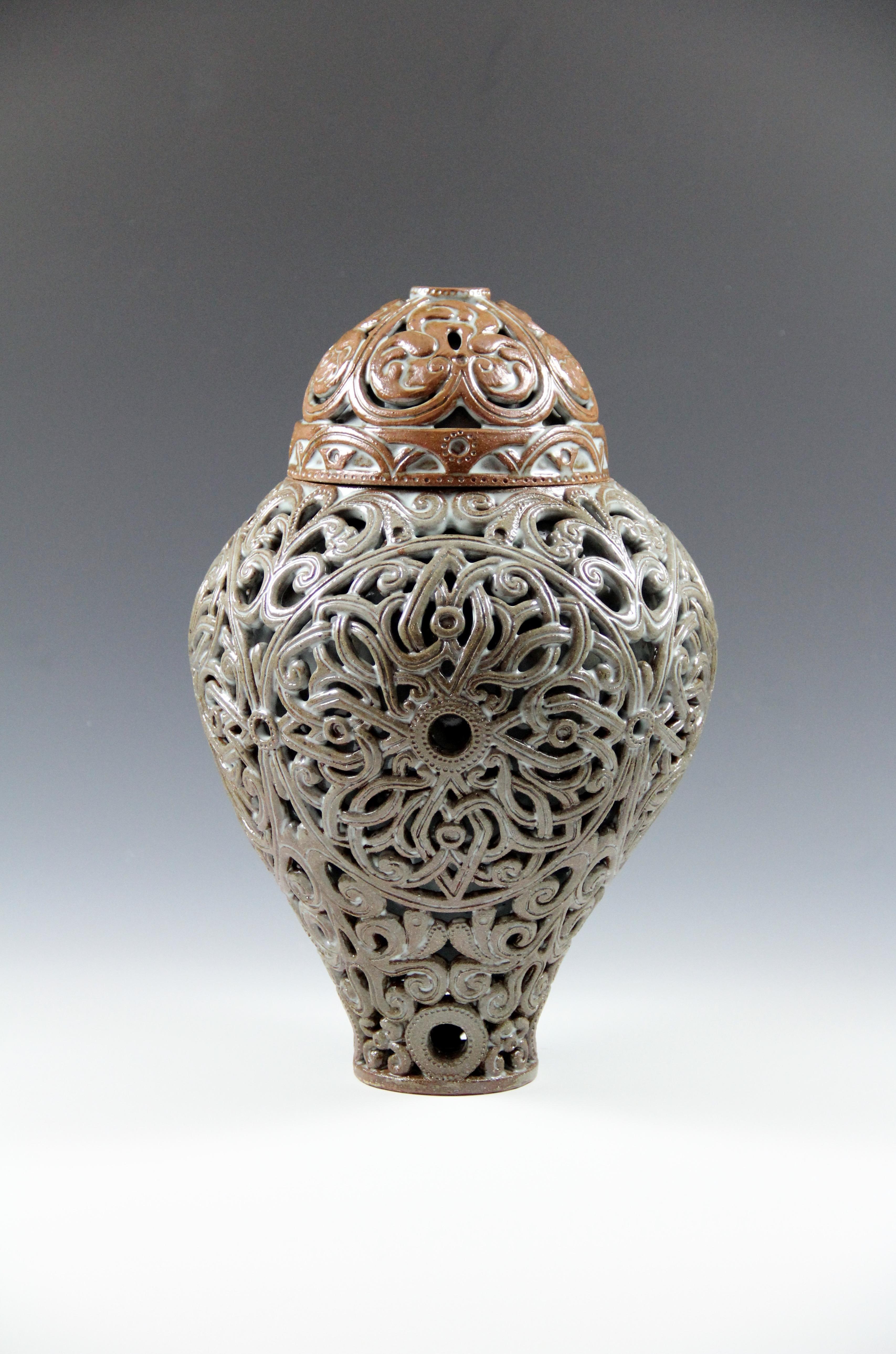 Irina Lakshin Abstract Sculpture - Ceramic urn - carved double wall vessel, green-olive and brown colors