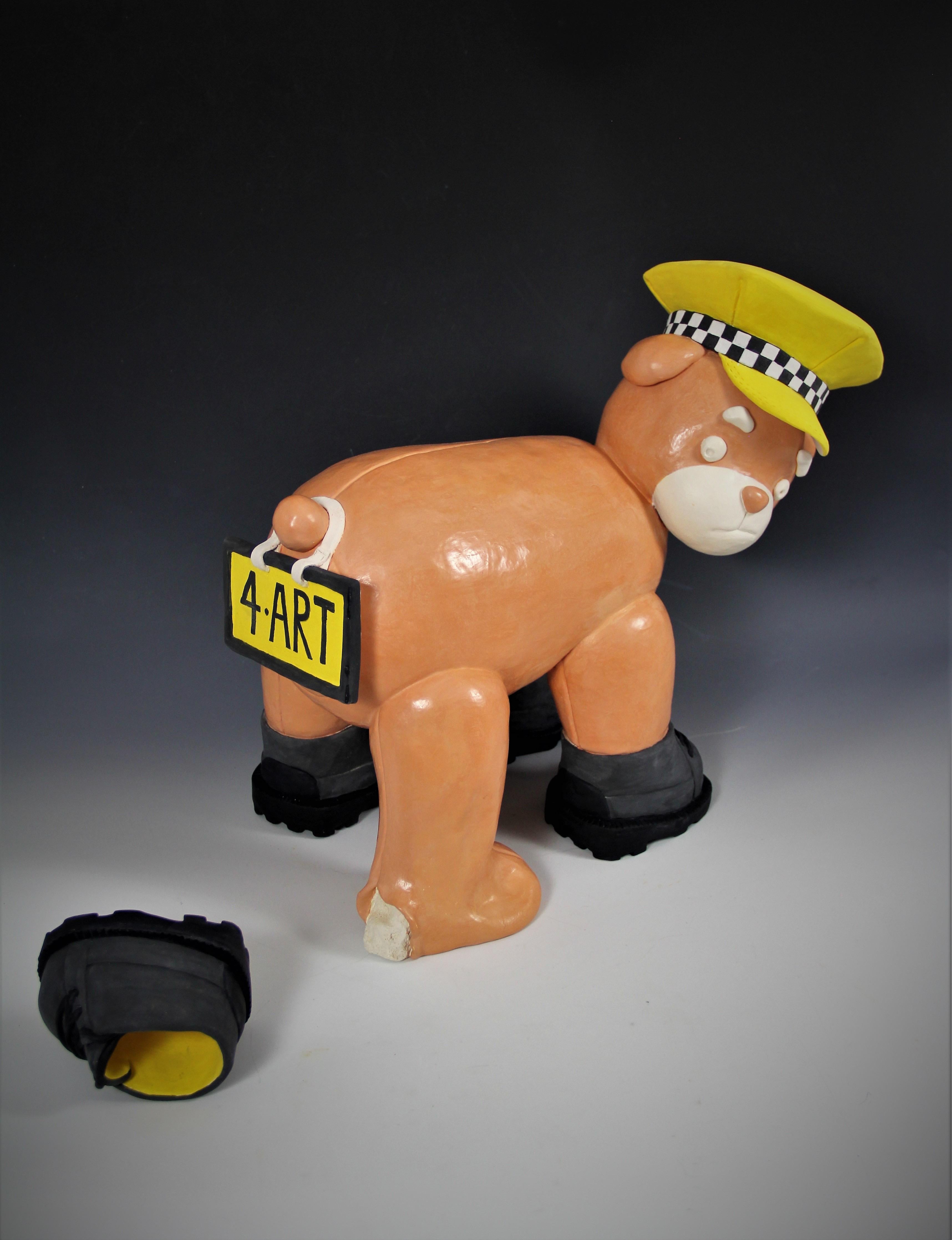 Flat tire - ceramic bear sculpture, taxi bear - Sculpture by Irina Lakshin