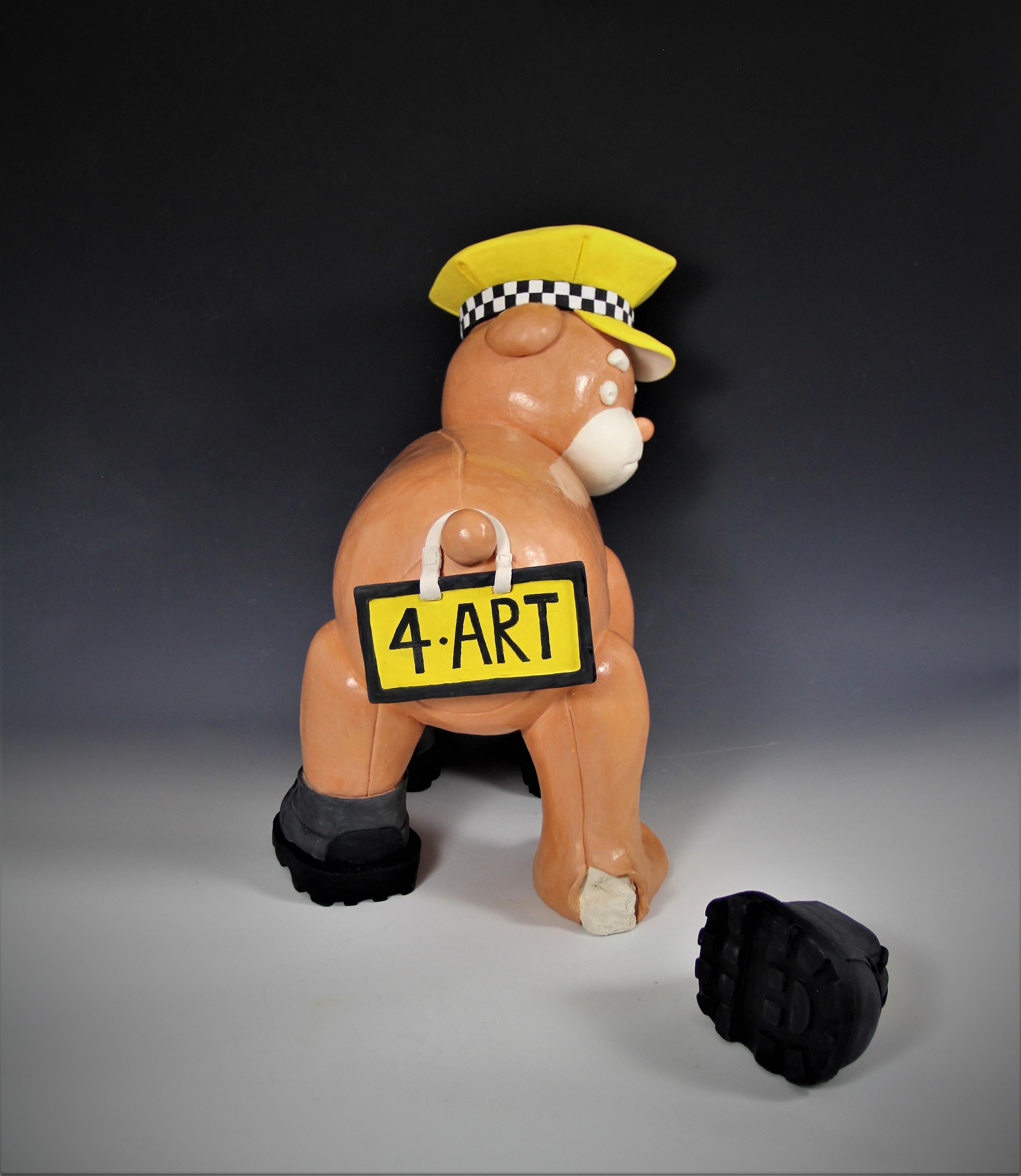 Flat tire - ceramic bear sculpture, taxi bear - Contemporary Sculpture by Irina Lakshin