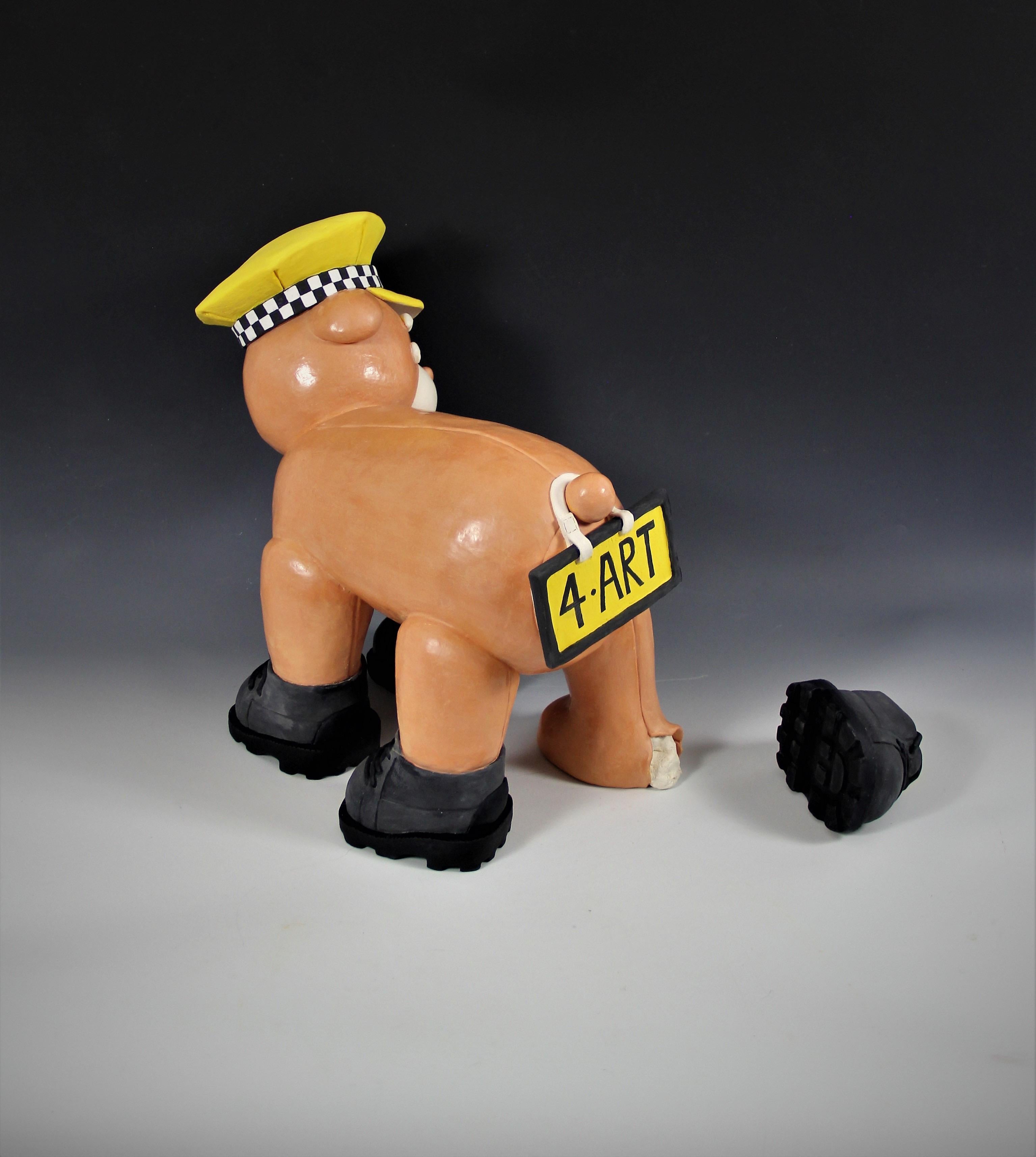Flat tire - ceramic bear sculpture, taxi bear - Black Abstract Sculpture by Irina Lakshin