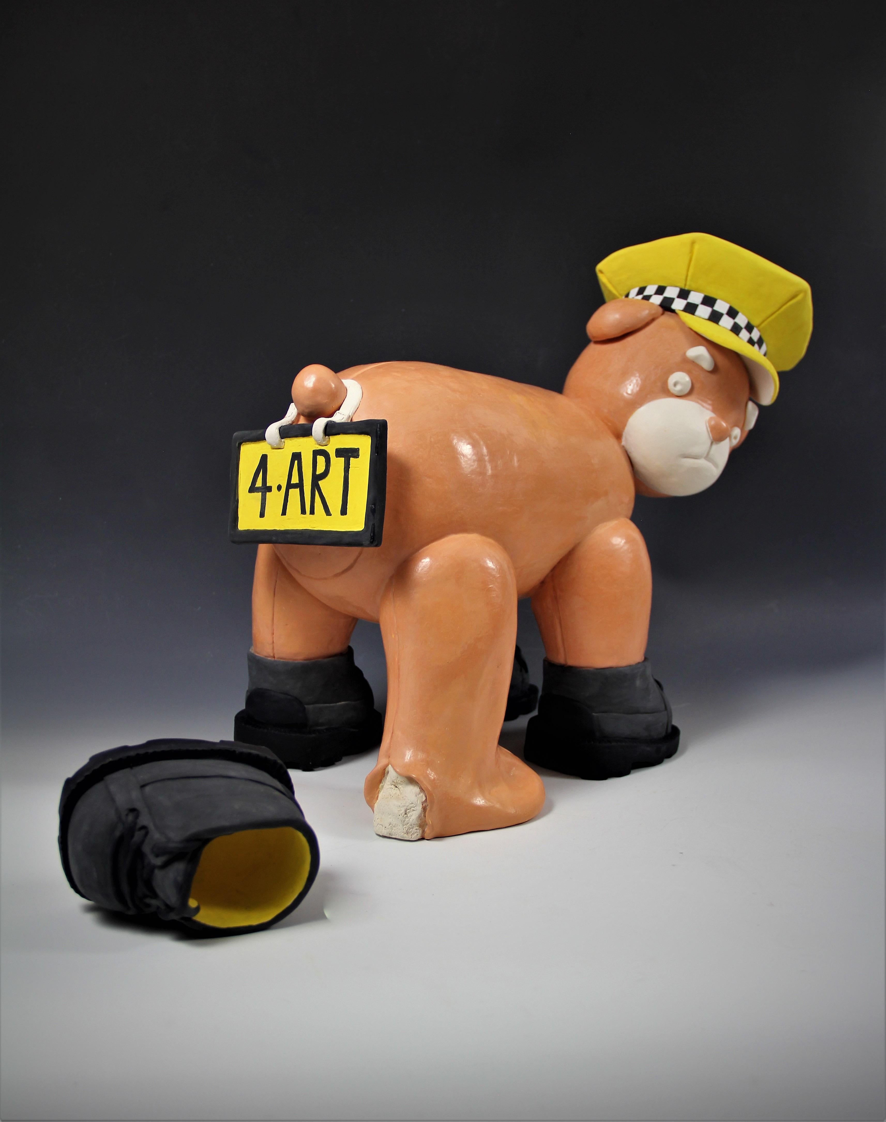 Irina Lakshin Abstract Sculpture - Flat tire - ceramic bear sculpture, taxi bear