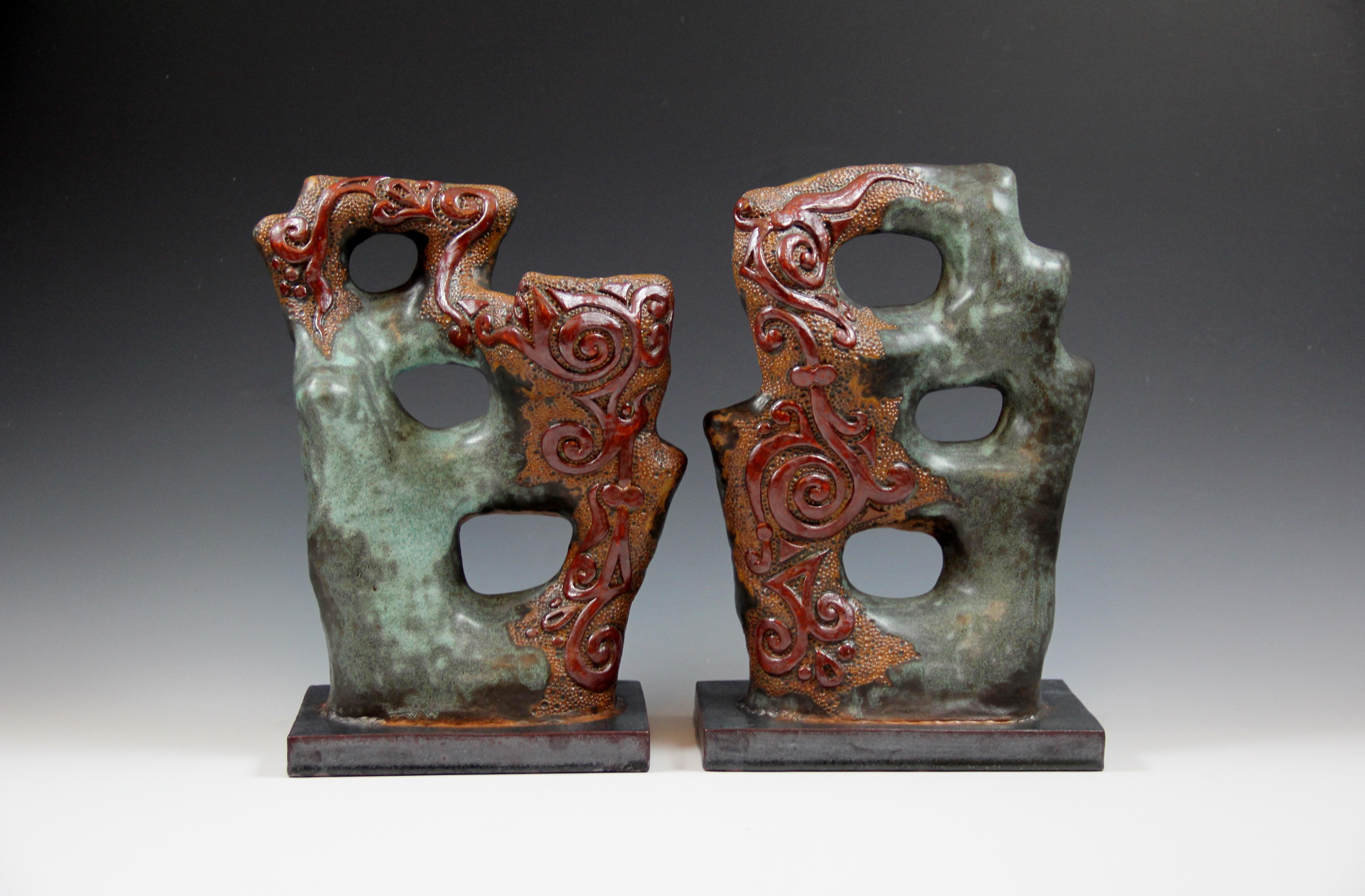 Green sculptures - 2 pieces, hand build, green-blue, red, orange color - Sculpture by Irina Lakshin