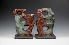 Sculptures Greene & Greene - 2 pièces, fabriquées à la main, couleur vert-bleu, rouge, orange