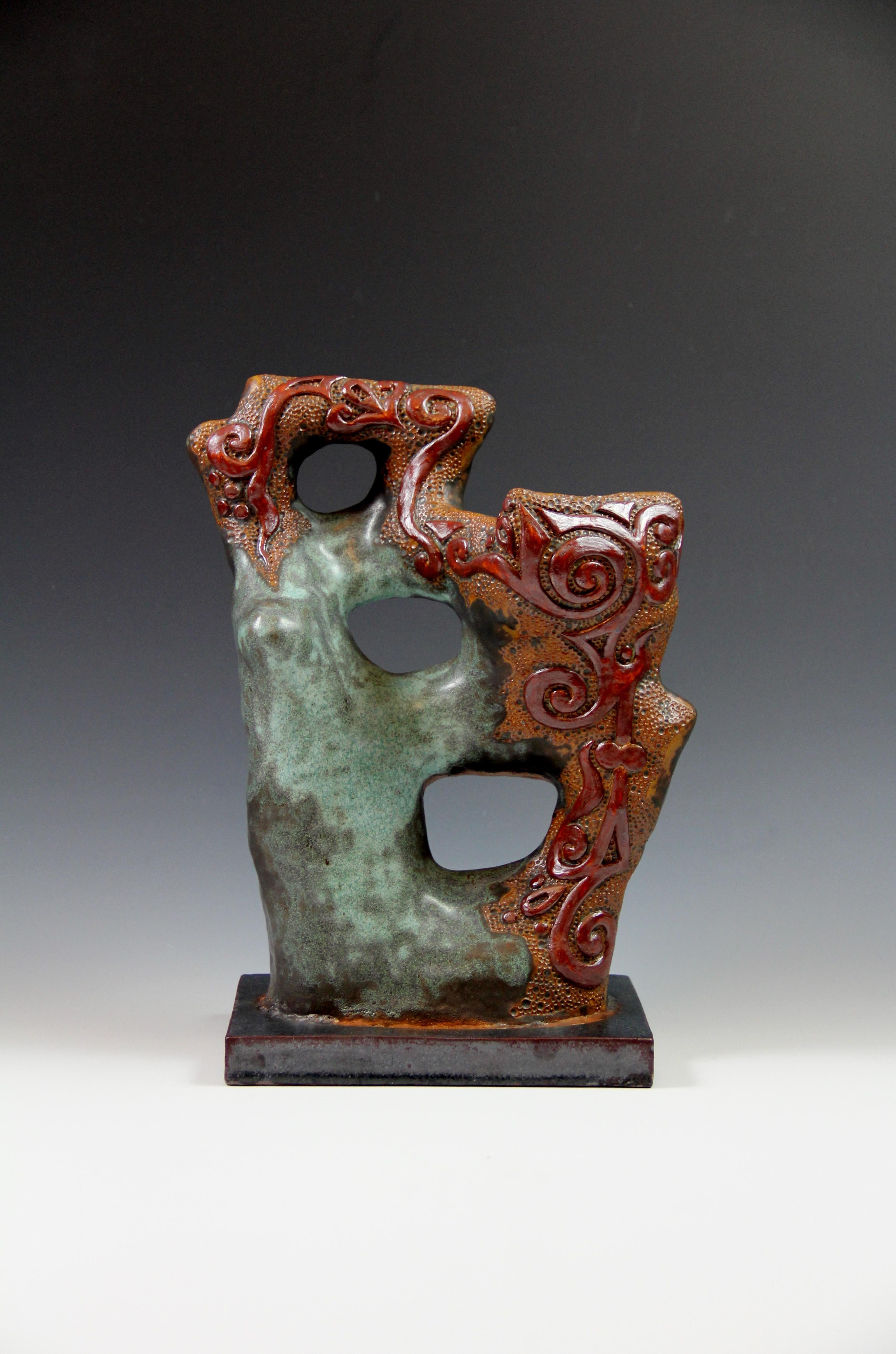 Green sculptures - 2 pieces, hand build, green-blue, red, orange color - Modern Sculpture by Irina Lakshin
