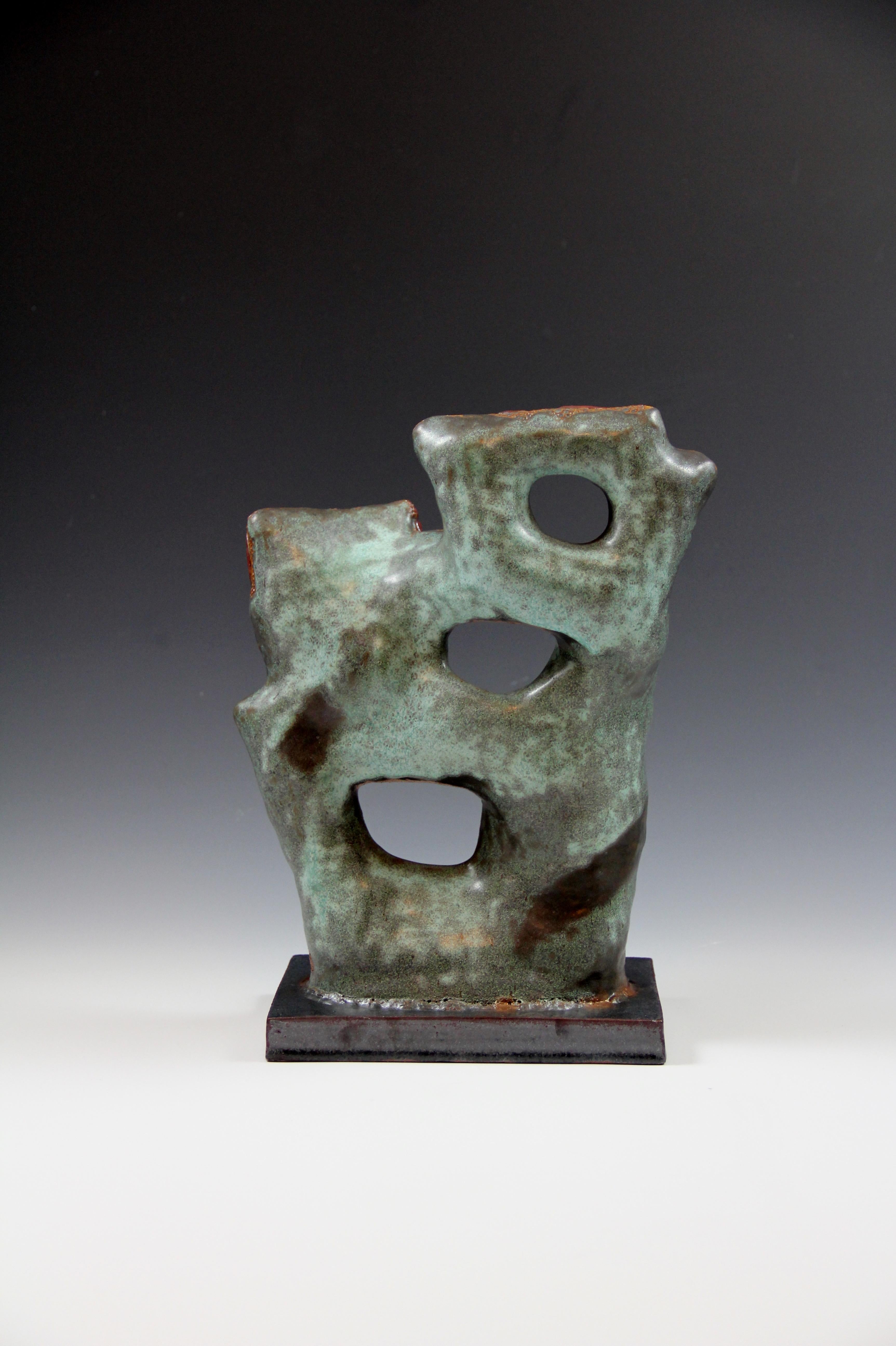 Green sculptures - 2 pieces, hand build, green-blue, red, orange color - Black Still-Life Sculpture by Irina Lakshin
