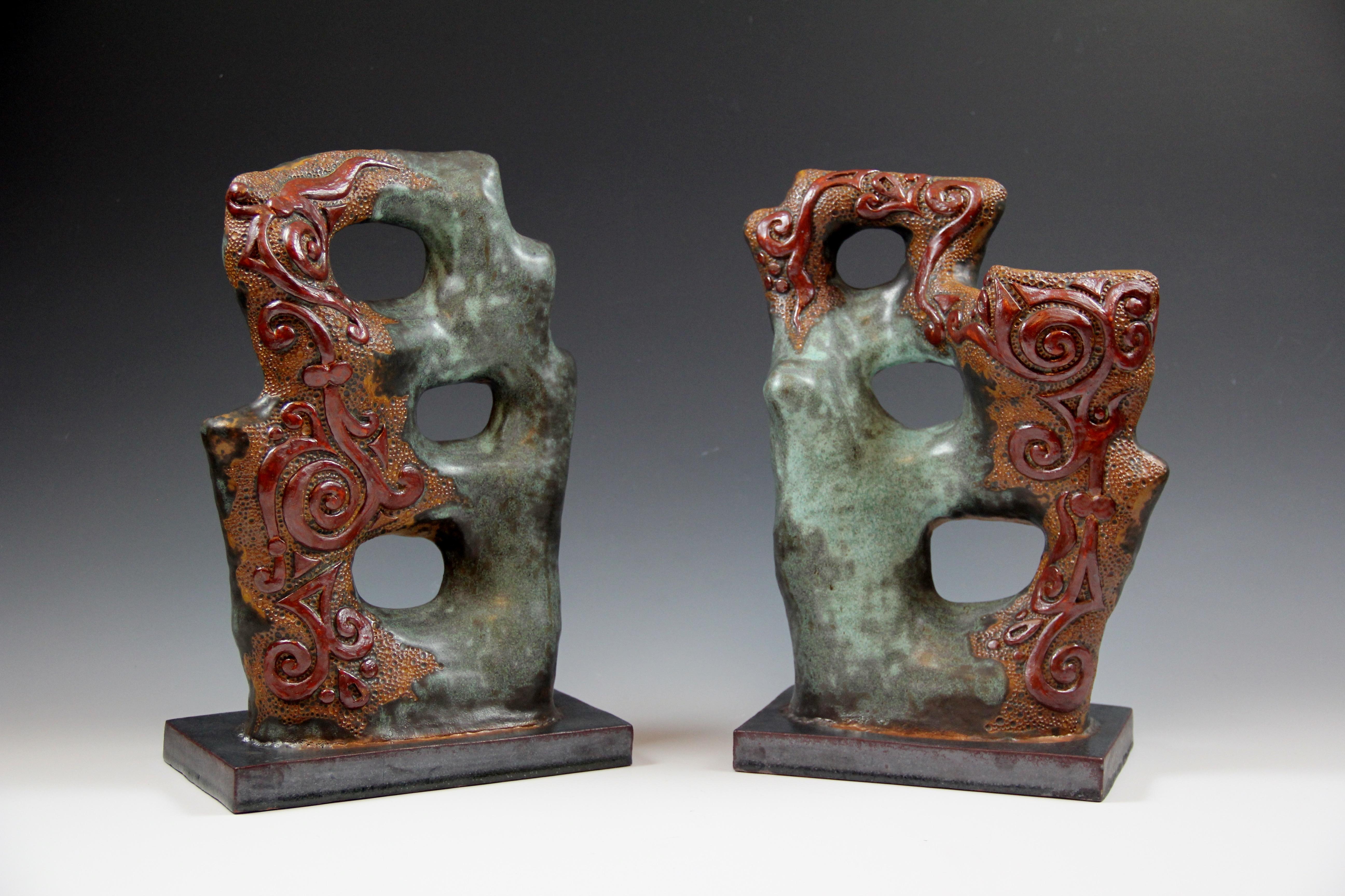 Irina Lakshin Still-Life Sculpture - Green sculptures - 2 pieces, hand build, green-blue, red, orange color