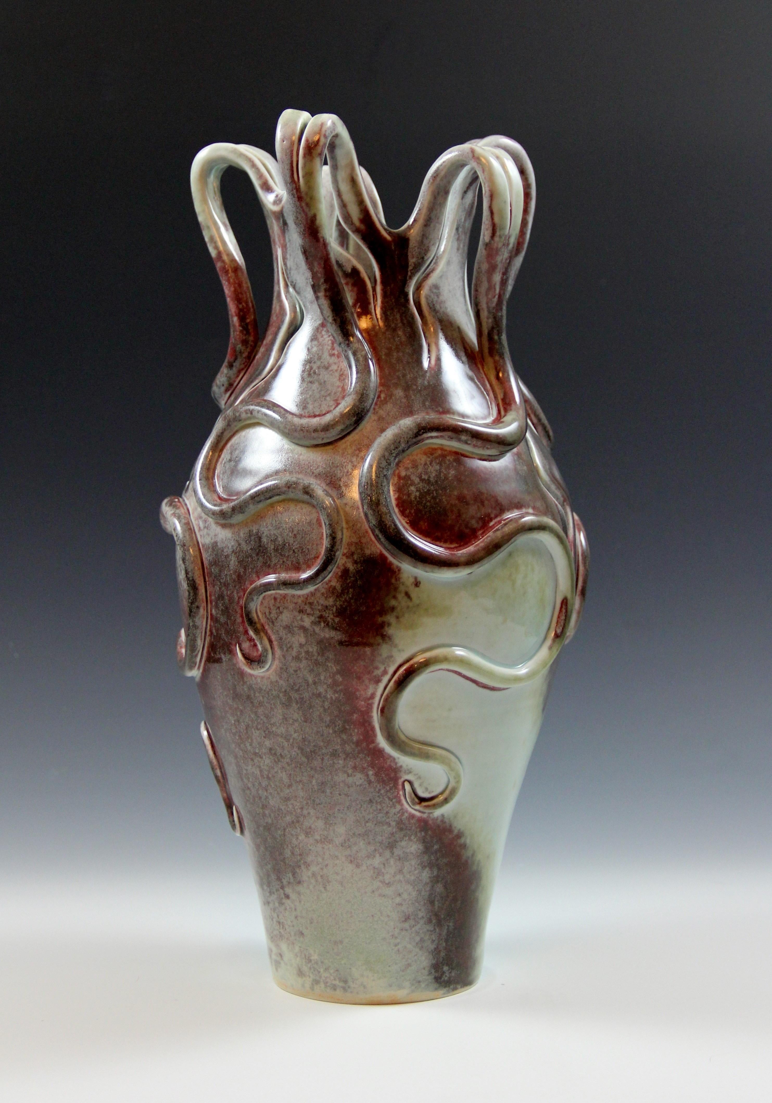 Medusa Vase #8-hand build porcelain vase, blue-green, purple-red color - Sculpture by Irina Lakshin
