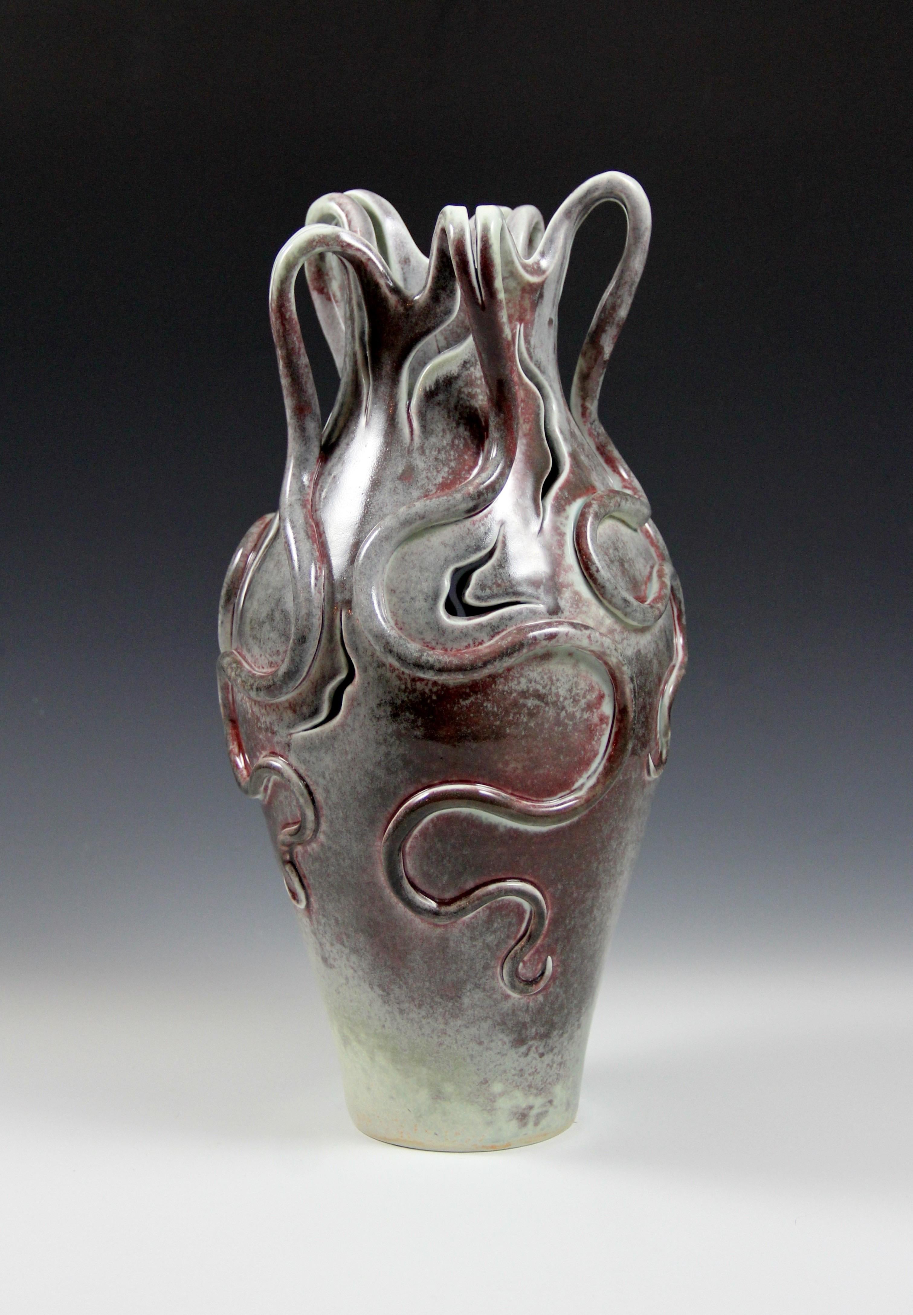 Medusa Vase #8-hand build porcelain vase, blue-green, purple-red color - Contemporary Sculpture by Irina Lakshin