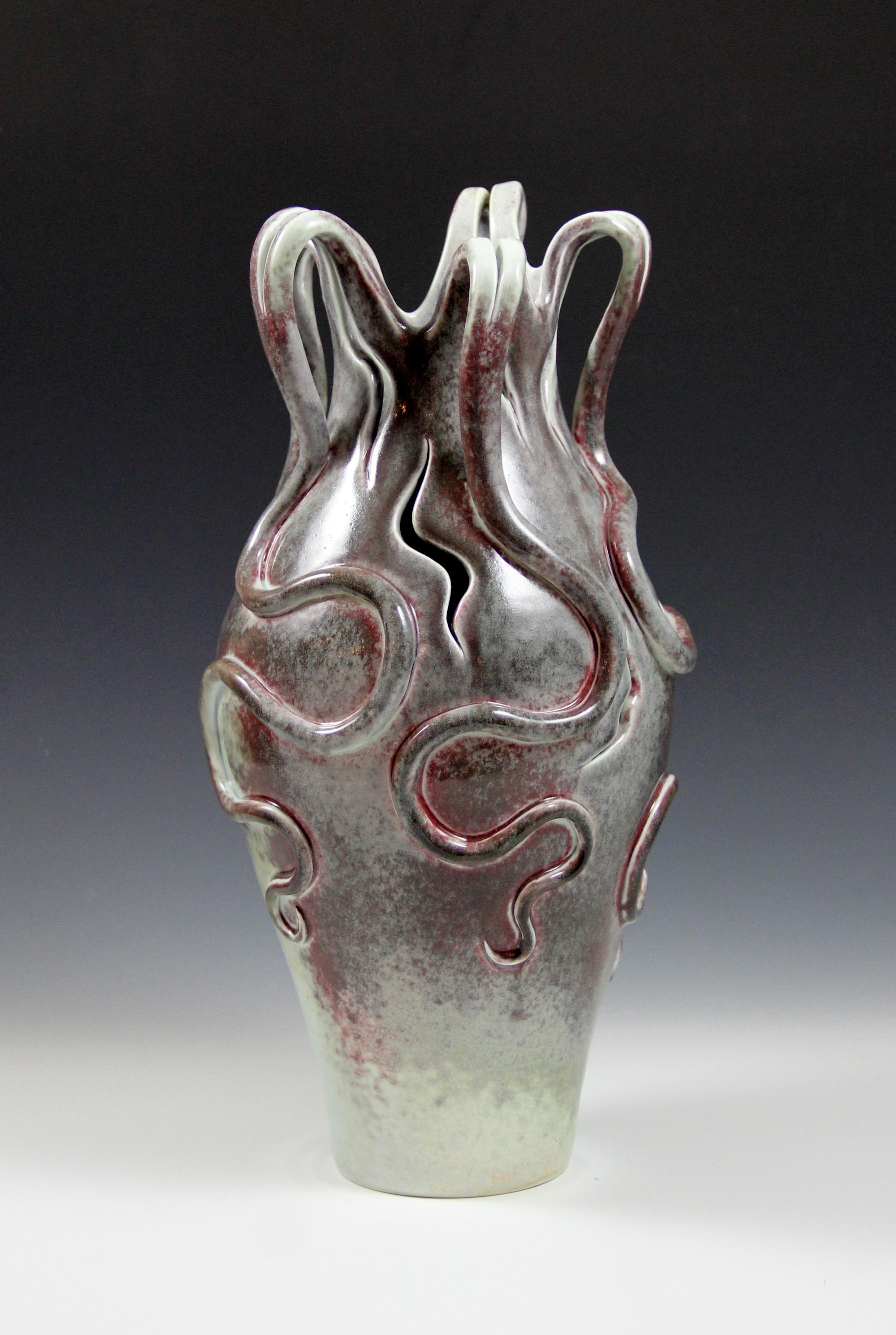 Medusa Vase #8-hand build porcelain vase, blue-green, purple-red color - Black Abstract Sculpture by Irina Lakshin