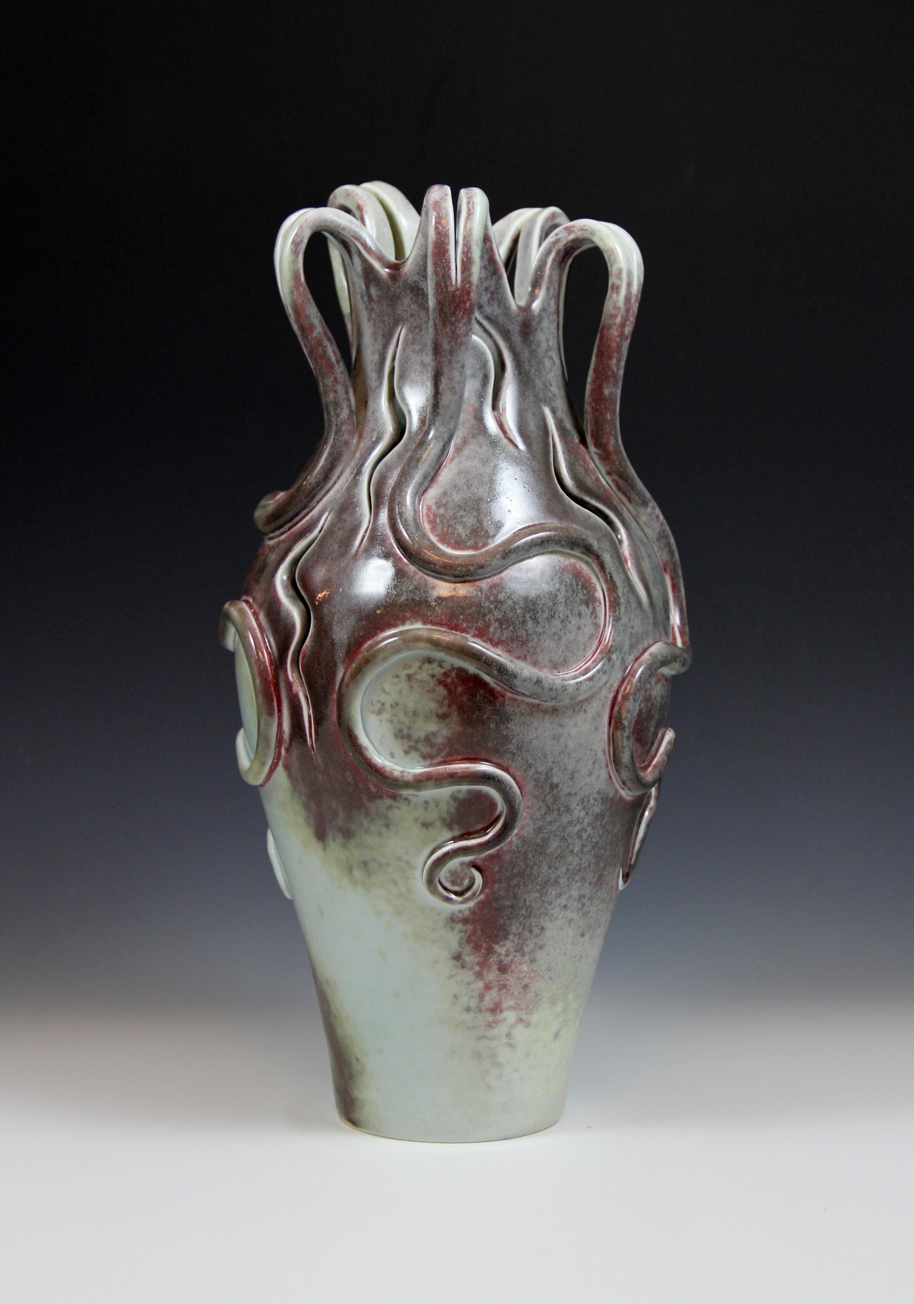 Irina Lakshin Abstract Sculpture - Medusa Vase #8-hand build porcelain vase, blue-green, purple-red color