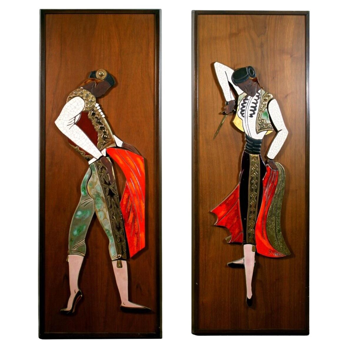 Irina Lorin Signed Pair of Mid-Century Modern Ceramic Matador Wall Sculptures