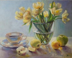 Apple Tea. Stillife, Oil, Floral, Abstract realism, rectangular, Yellow, Green
