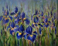 Blue Iris. Oil on Canvas, Floral, Iris, Horisontal, Impressionism, Interior