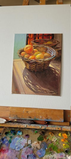 Morgenlese. Stilleben, Öl. Abstrakter Realismus, Gelb, Orange, Rot, Klein