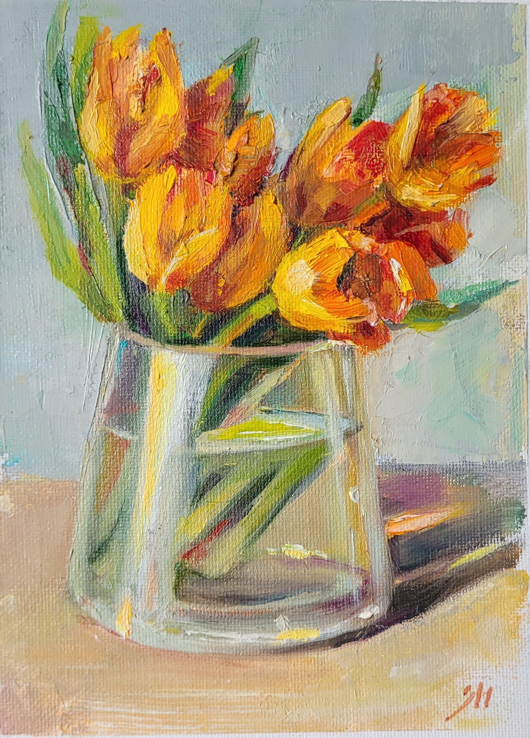 Tulipani arancioni. Olio, Floreale, Realismo astratto, Arancione verticale, Piccolo.
