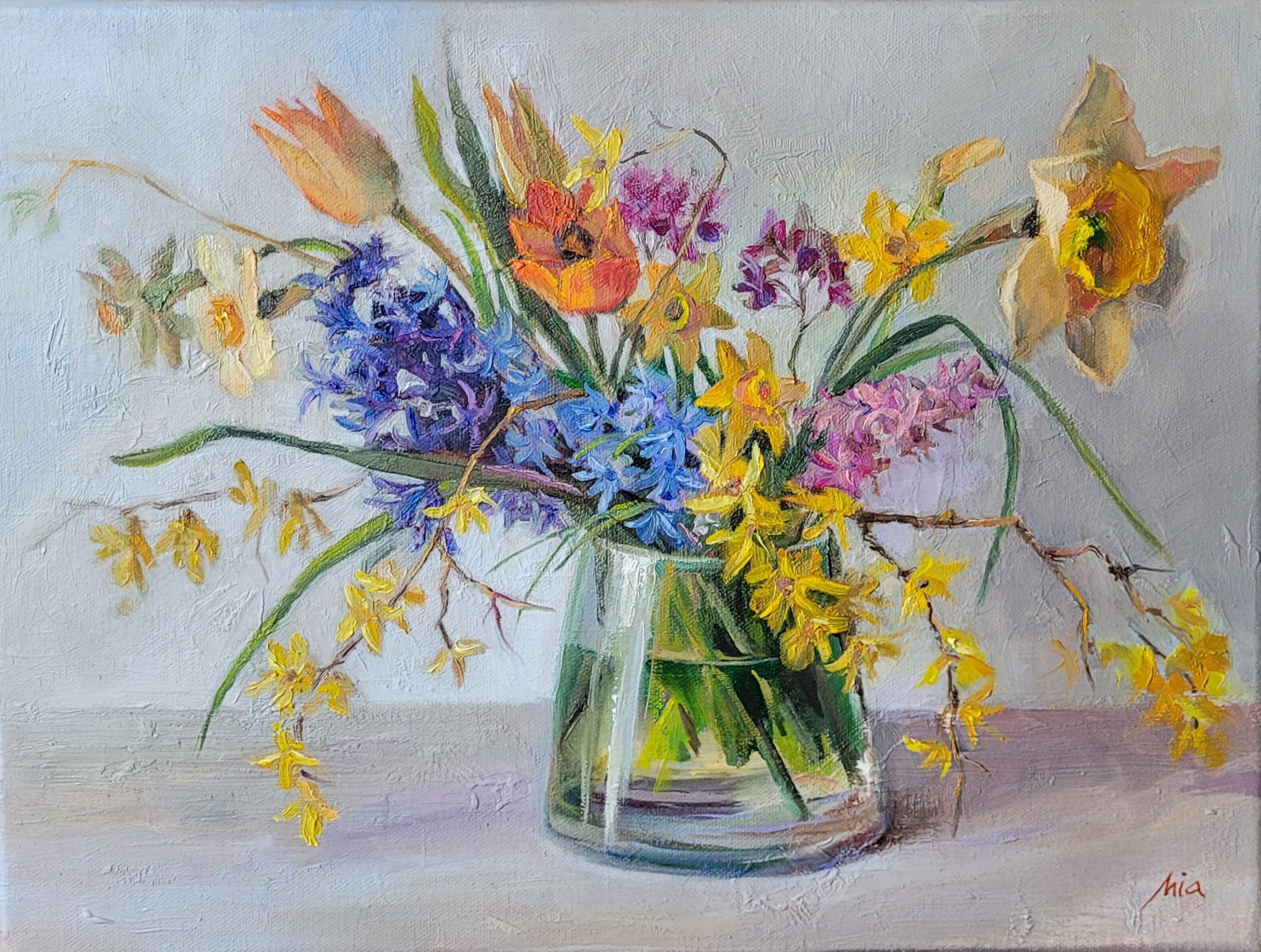 Spring Has Arrived. Stillife, Spring flowers, Oil on Canvas, Horizontal
