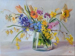Ha llegado la primavera. Bodegón, Flores de primavera, Óleo sobre lienzo, Horizontal