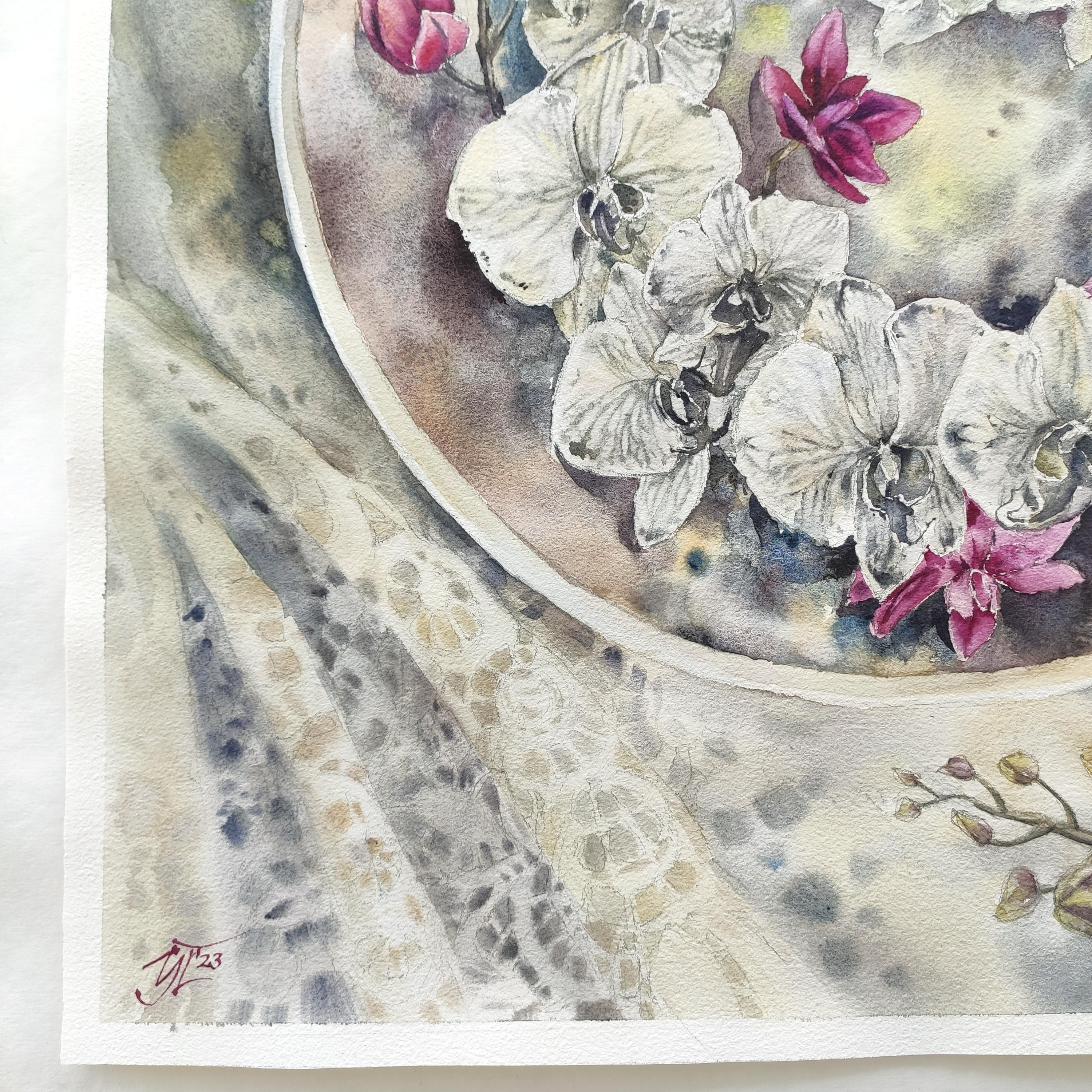 The painting for interior Royal Orchid is a delicate, refined watercolor made on cotton paper with multifaceted granulating shades. Beautiful orchid flowers on a platter surrounded by delicate lace fabric. A rich composition, delicate iridescence of