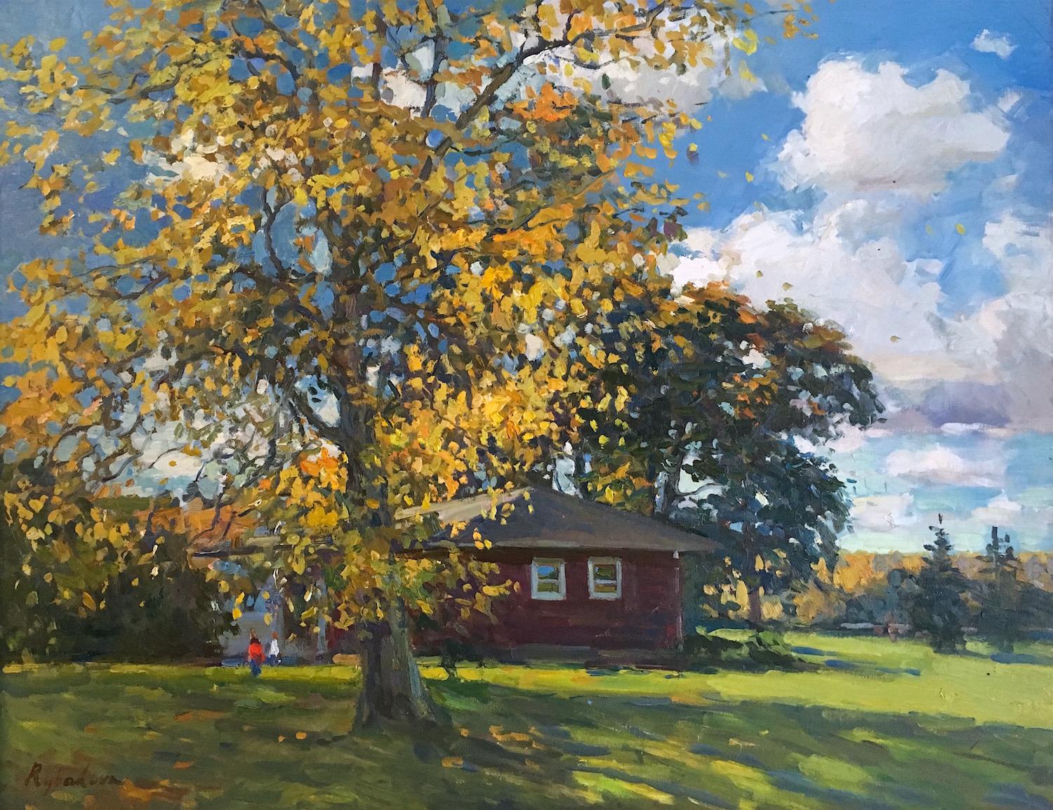 Irina Rybakova Landscape Painting – "Gelber Baum, rote Scheune" Contemporary Impressionist rural landscape en plein air