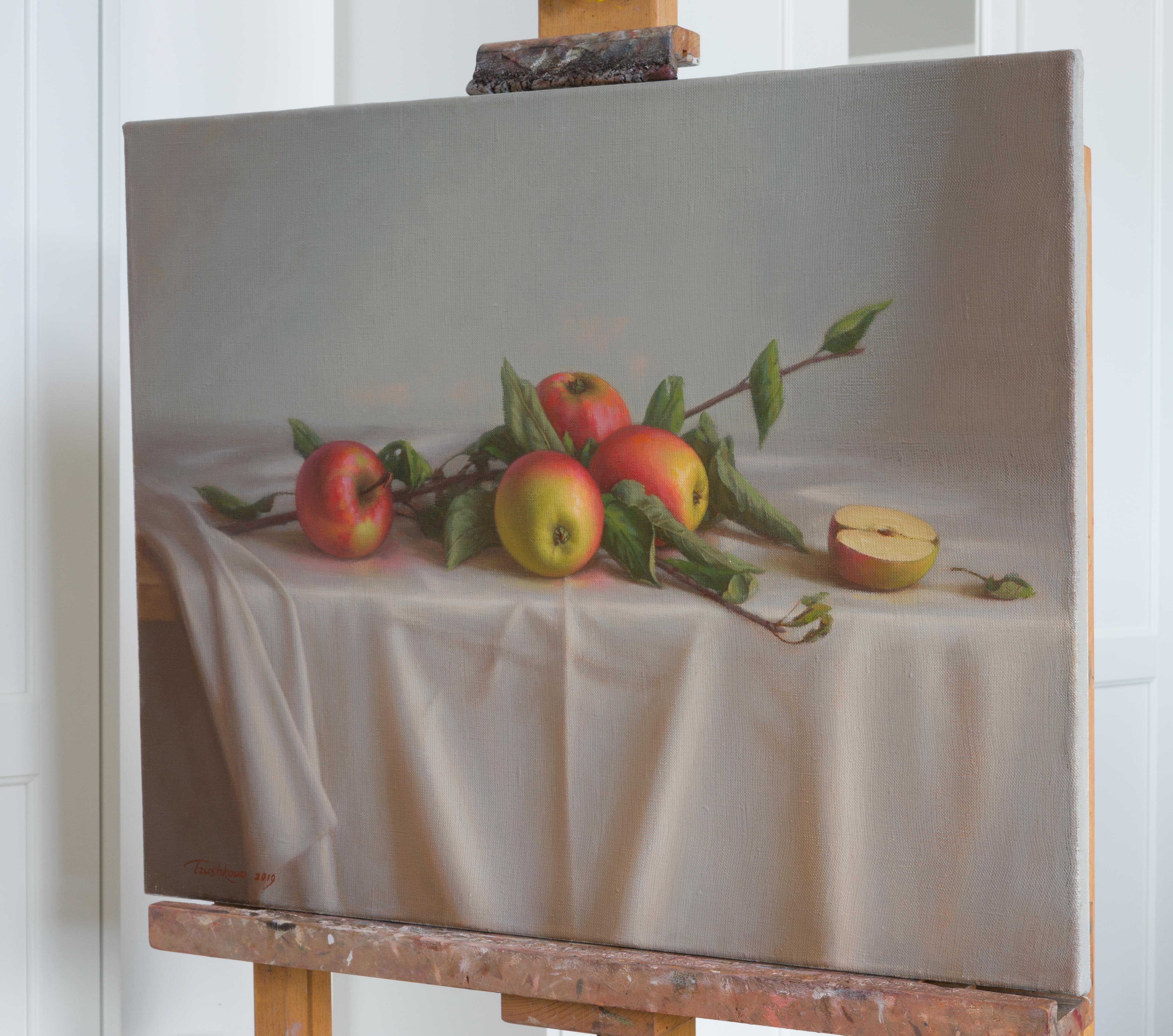 The style of this painting is inspired by the Holland masters of the 17th century. Painted with great precision and a keen eye for detail, this work exudes contemporary realism. I tried to find the color harmony of bright red apples and a silvery