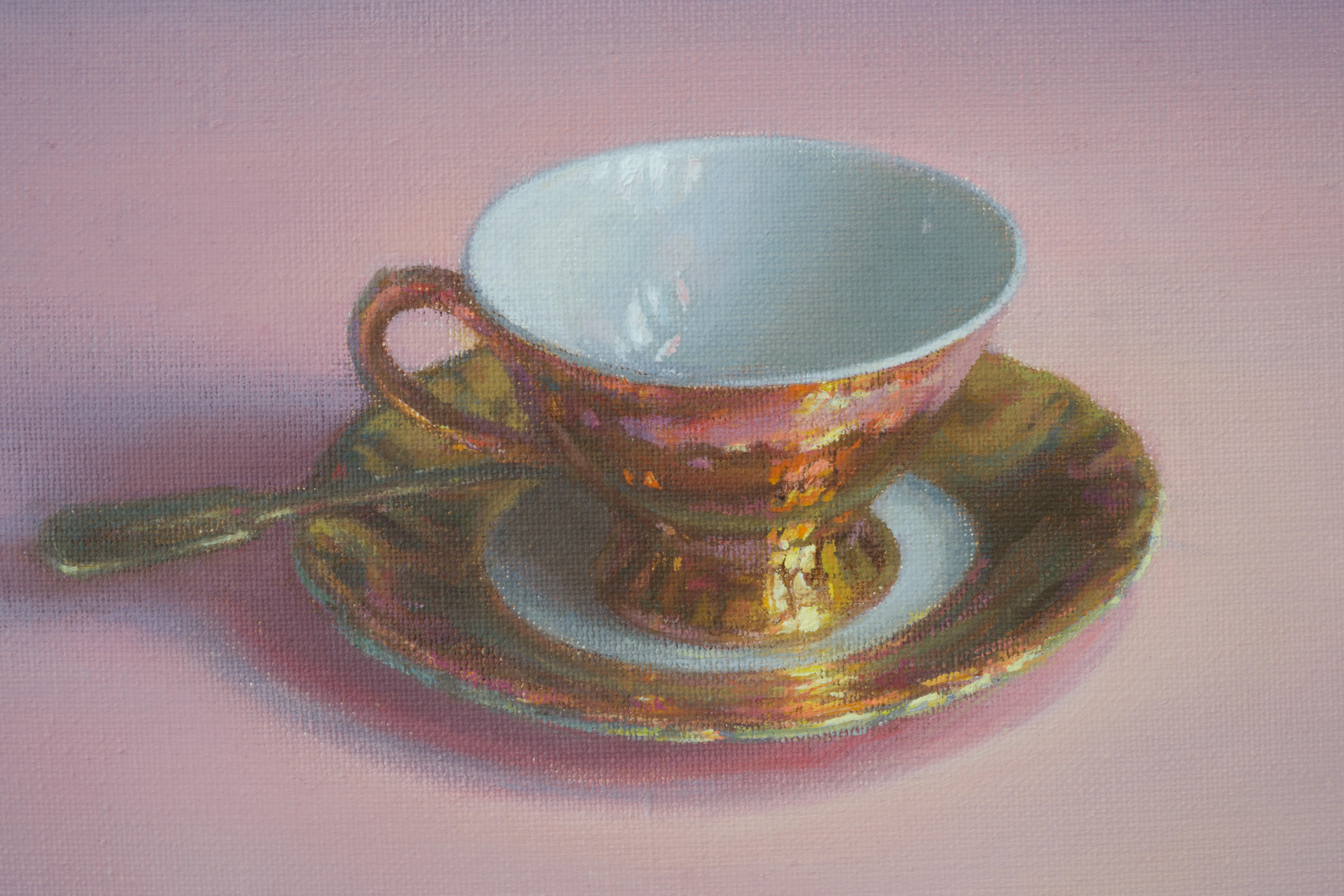 Coffee cup on pink tablecloth - Painting by Irina Trushkova
